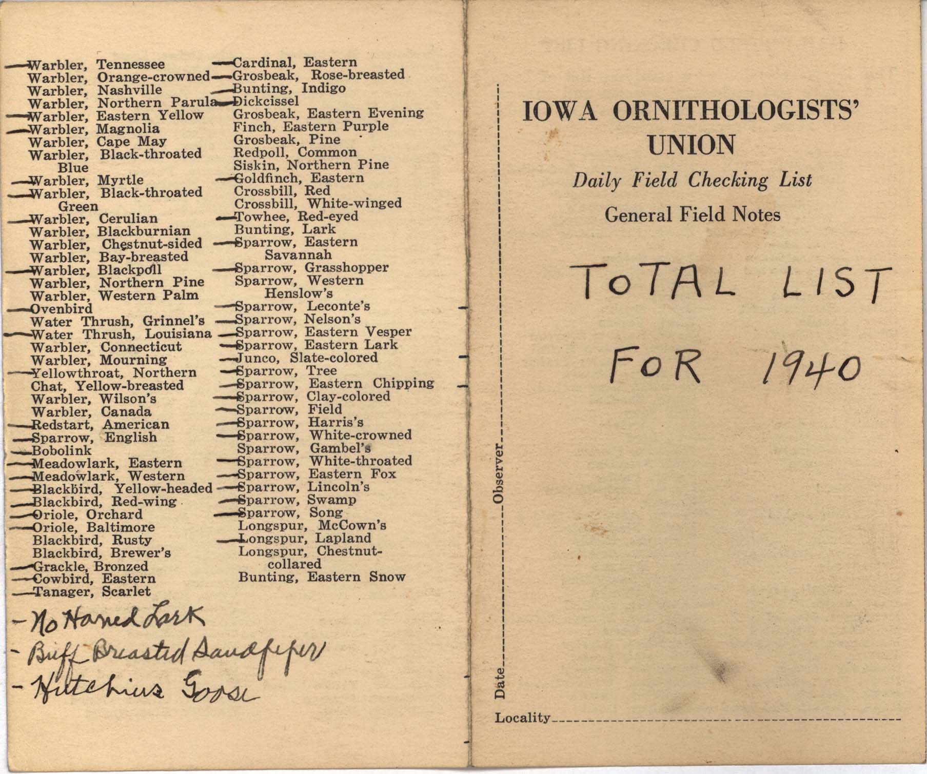 Daily field checking list by Walter Rosene, 1940