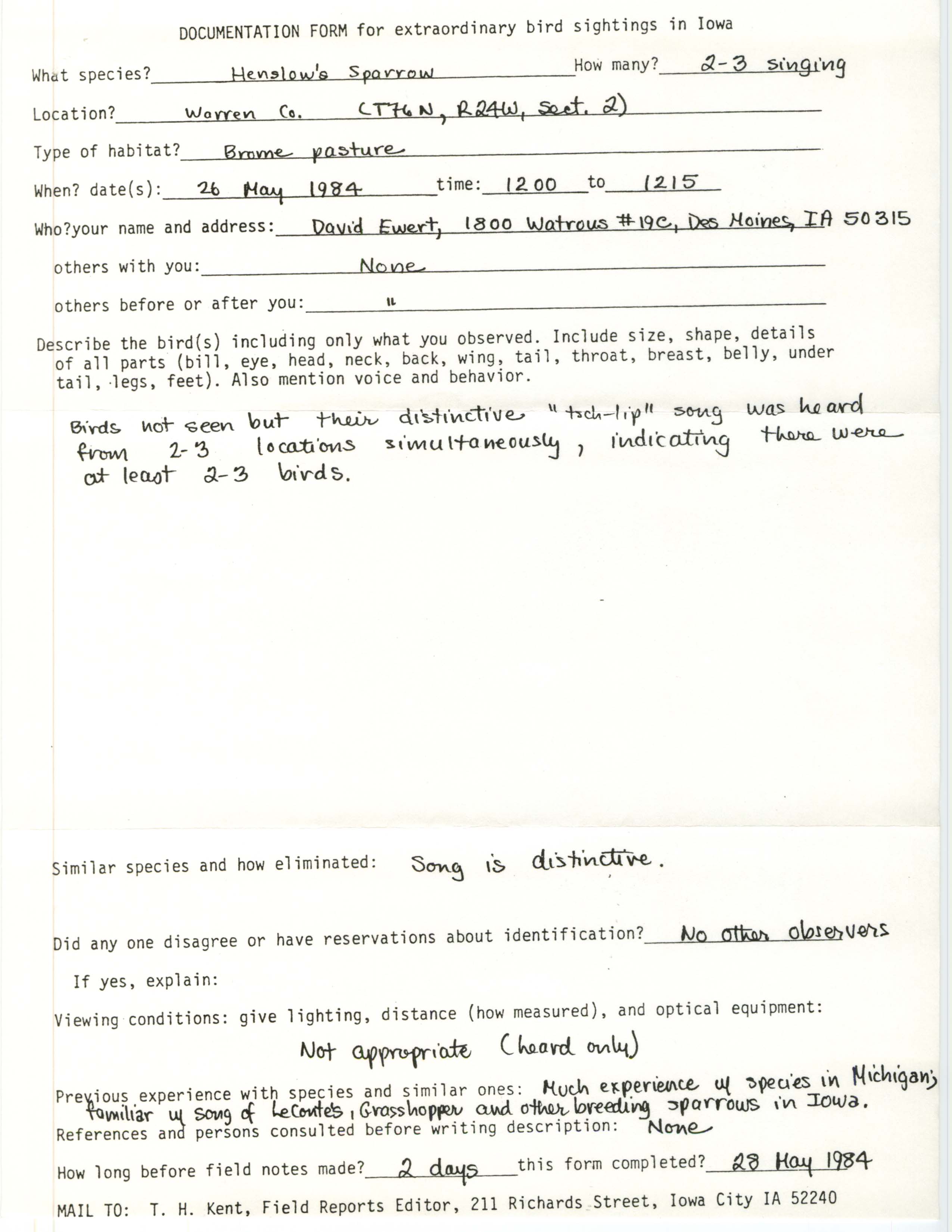 Rare bird documentation form for Henslow's Sparrow at Lincoln Township in Warren County in 1984