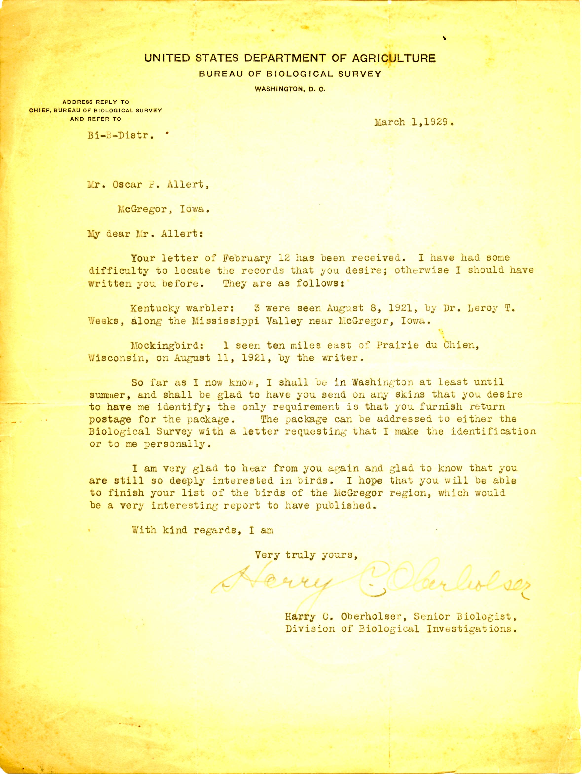 Harry Oberholser letter to Oscar Allert regarding bird sightings, March 1, 1929
