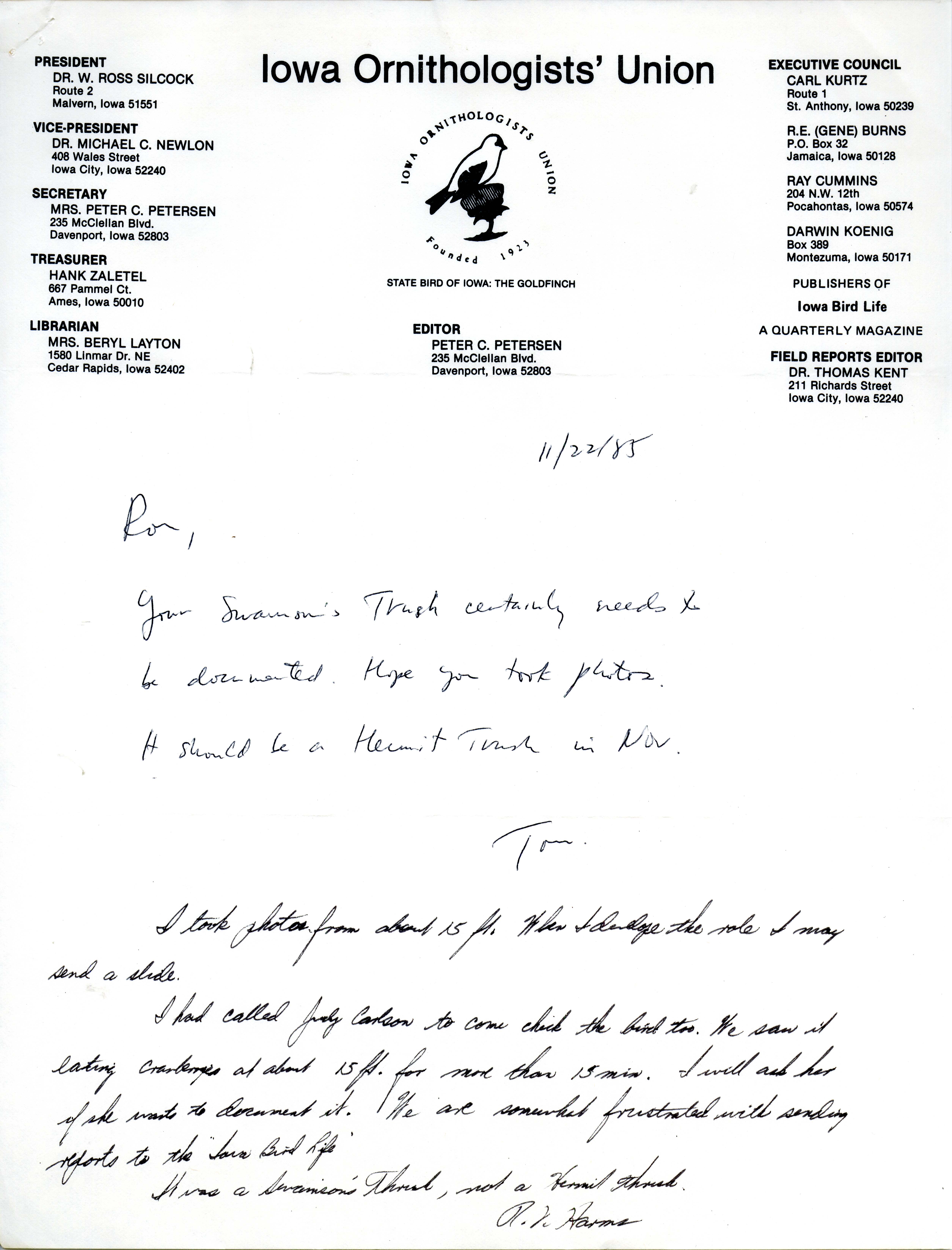 Thomas Kent letter to Ronald Harms regarding Swainson's Thrush, November 22, 1985