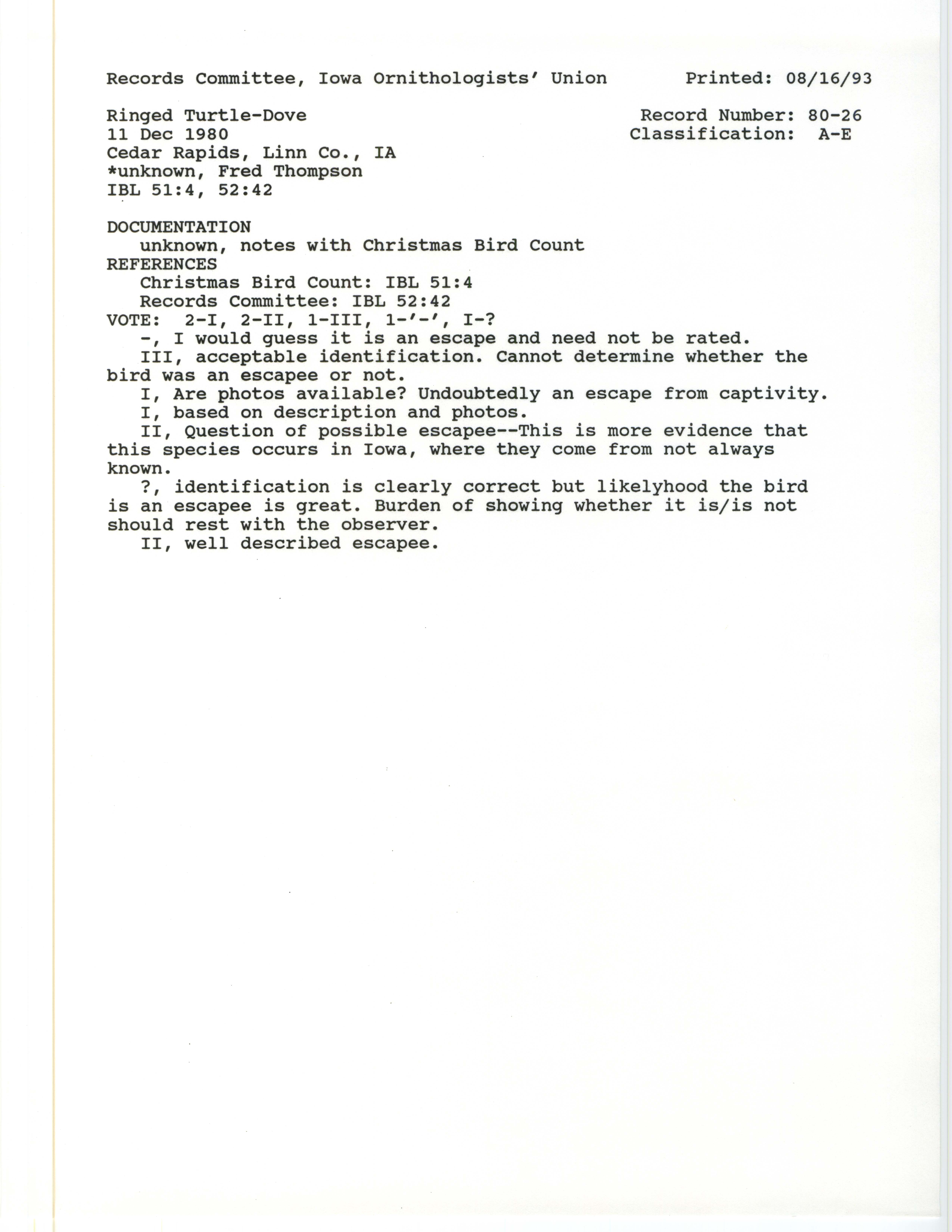 Records Committee review for rare bird sighting for Ringed Turtle-Dove at Cedar Rapids in 1980