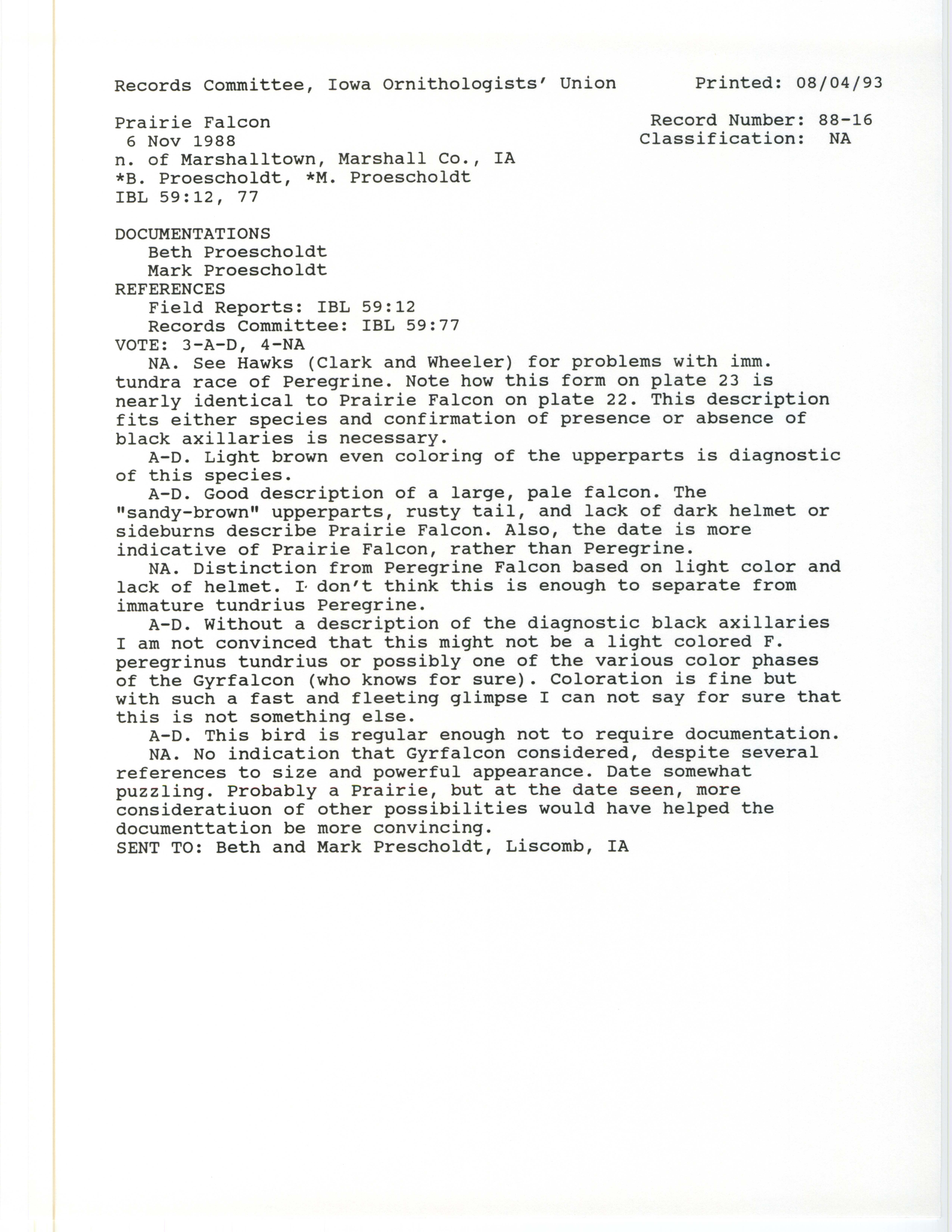 Records Committee review for rare bird sighting of Prairie Falcon north of Marshalltown, 1988