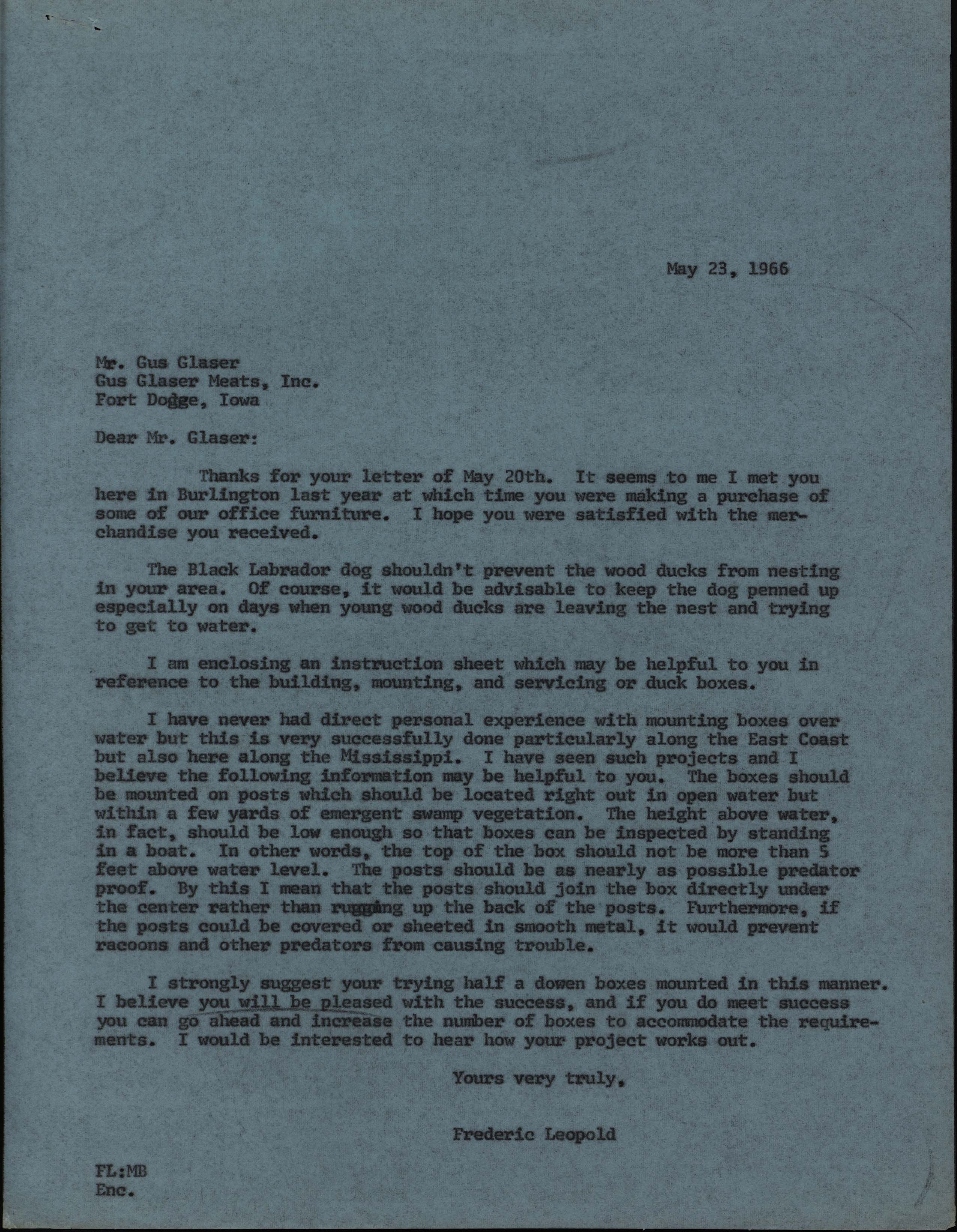 Frederic Leopold letter to Gus Glaser regarding Wood Duck houses, May 23, 1966