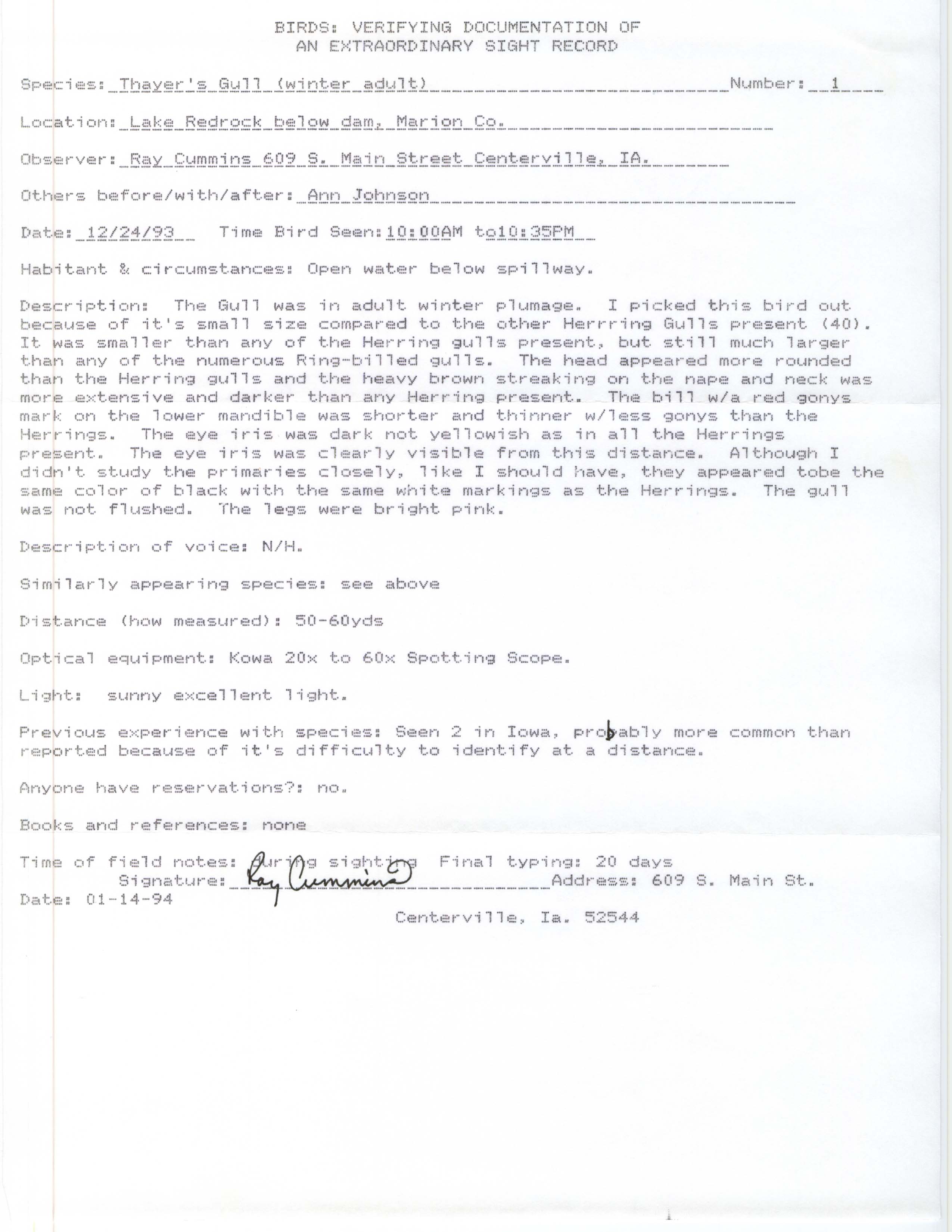 Rare bird documentation form for Thayer's Gull at Redrock Dam, 1993