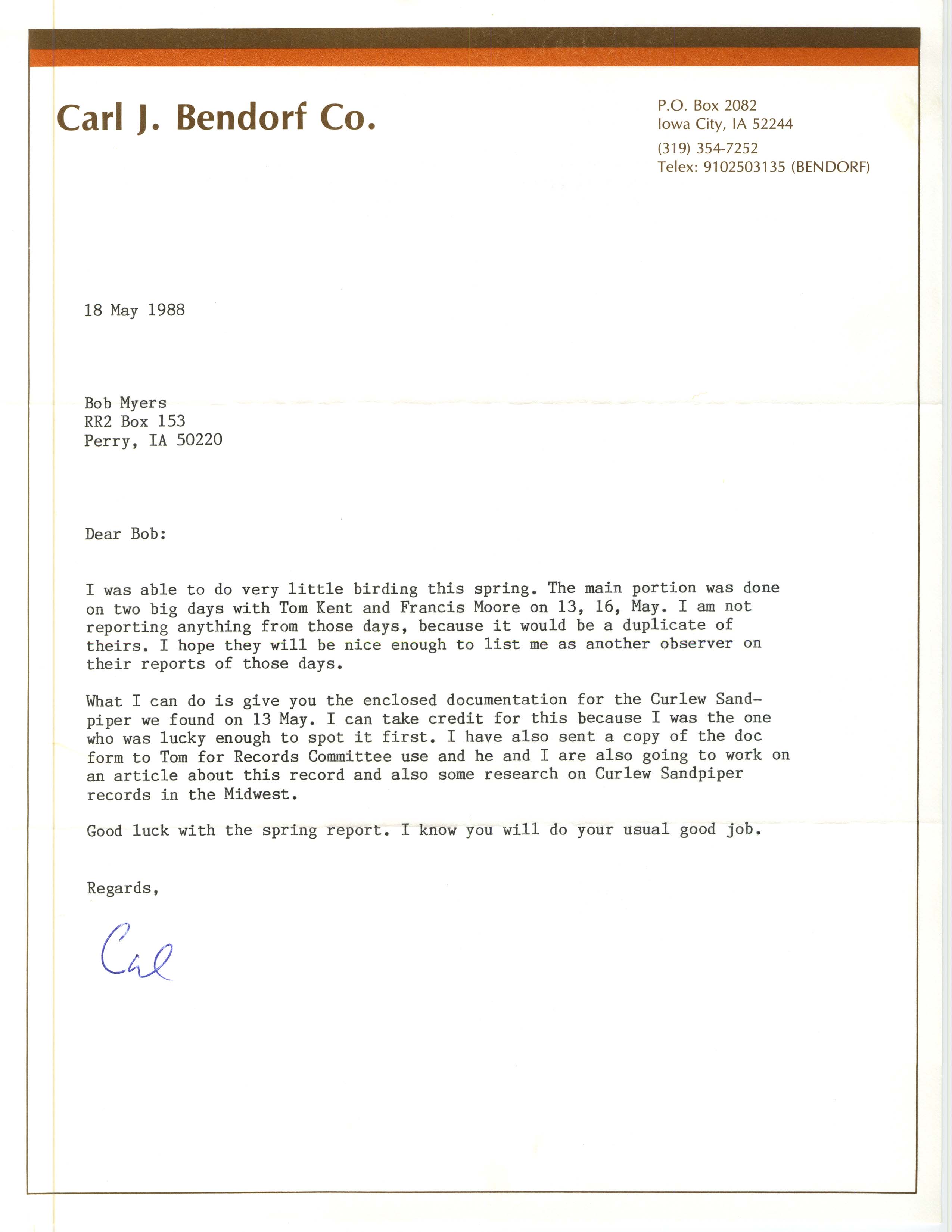 Carl J. Bendorf letter to Robert K. Myers regarding his sighting of a Curlew Sandpiper, May 18, 1988