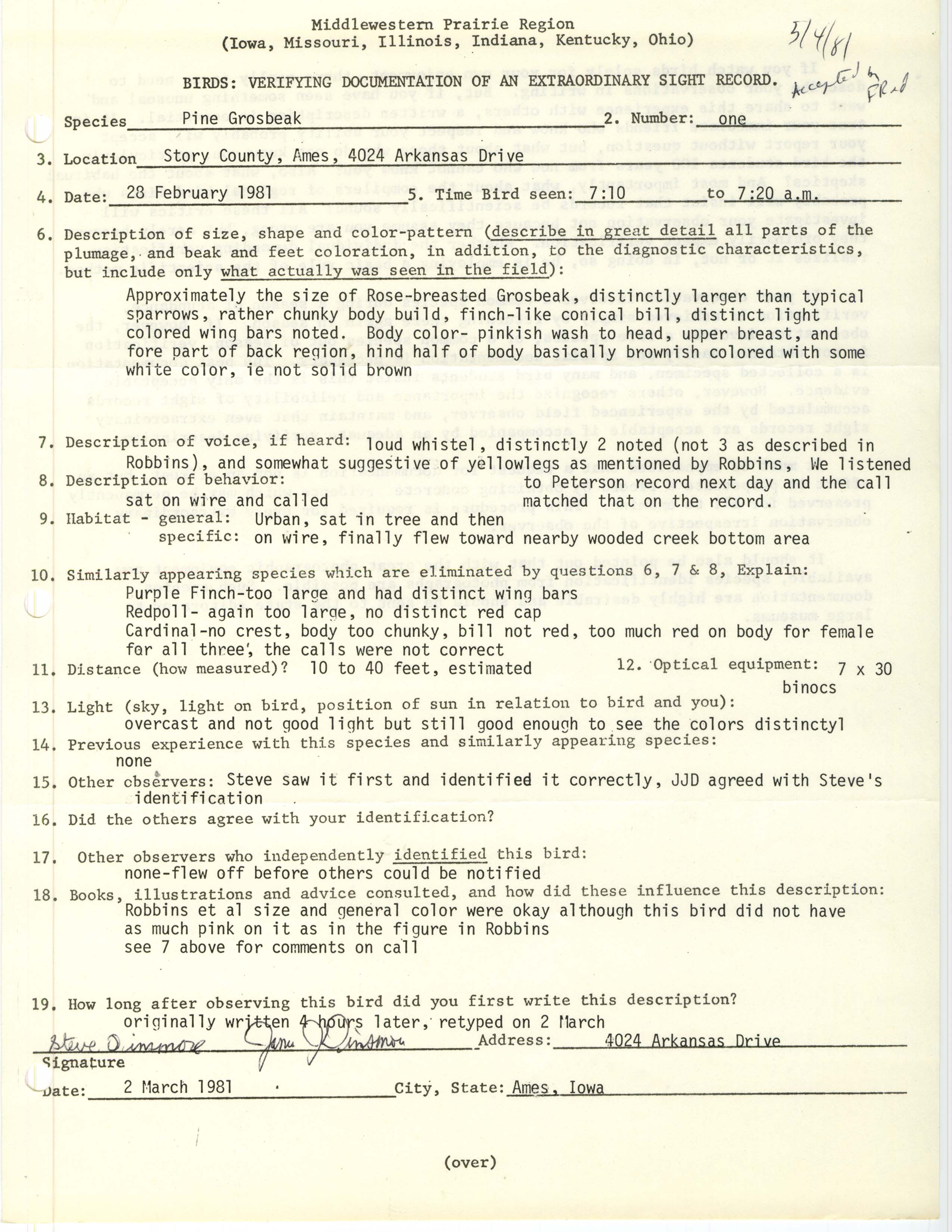 Rare bird documentation form for Pine Grosbeak at Ames, 1981