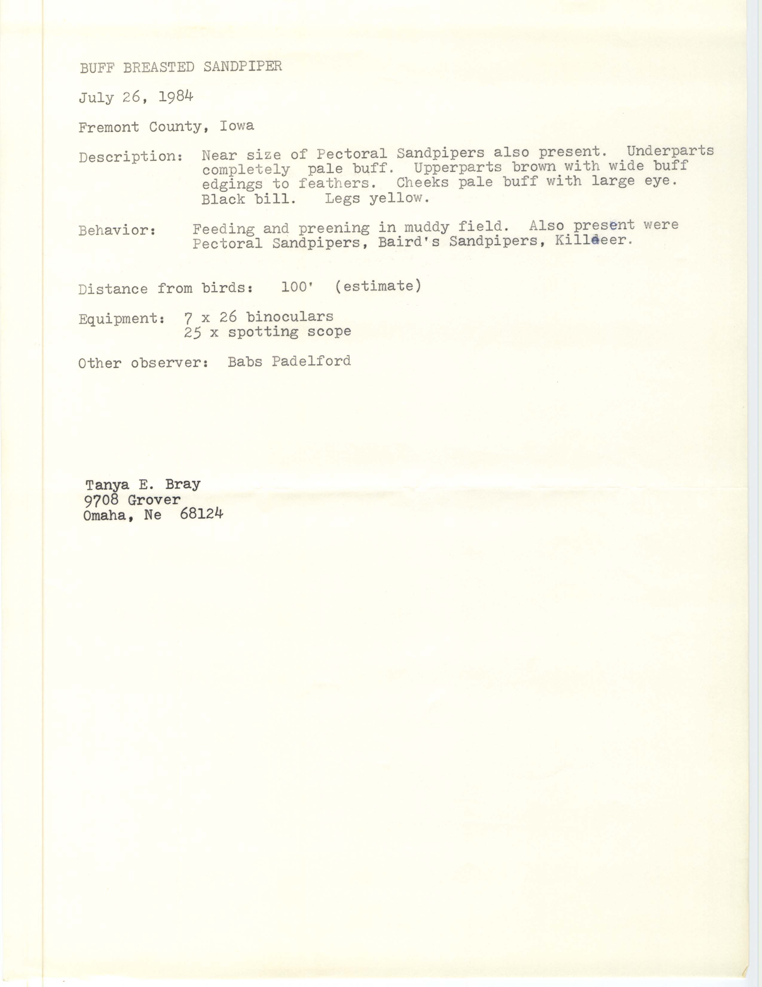 Rare bird documentation form for Buff-breasted Sandpiper at Fremont County, 1984