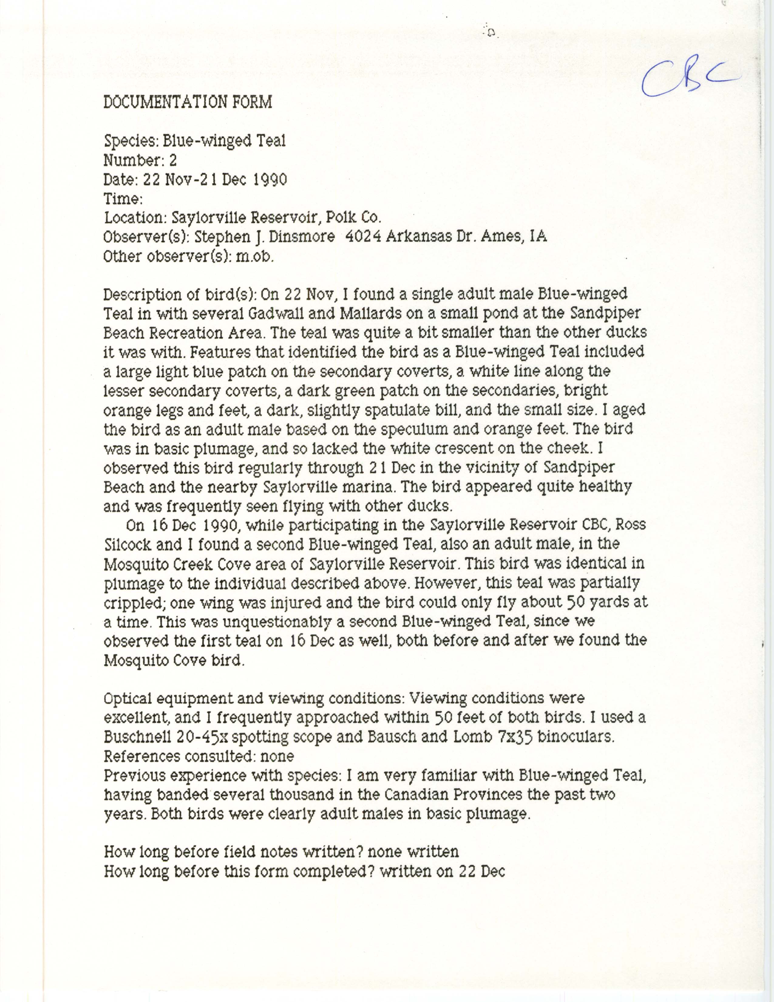 Rare bird documentation form for Blue-winged Teal at Saylorville Reservoir in 1990