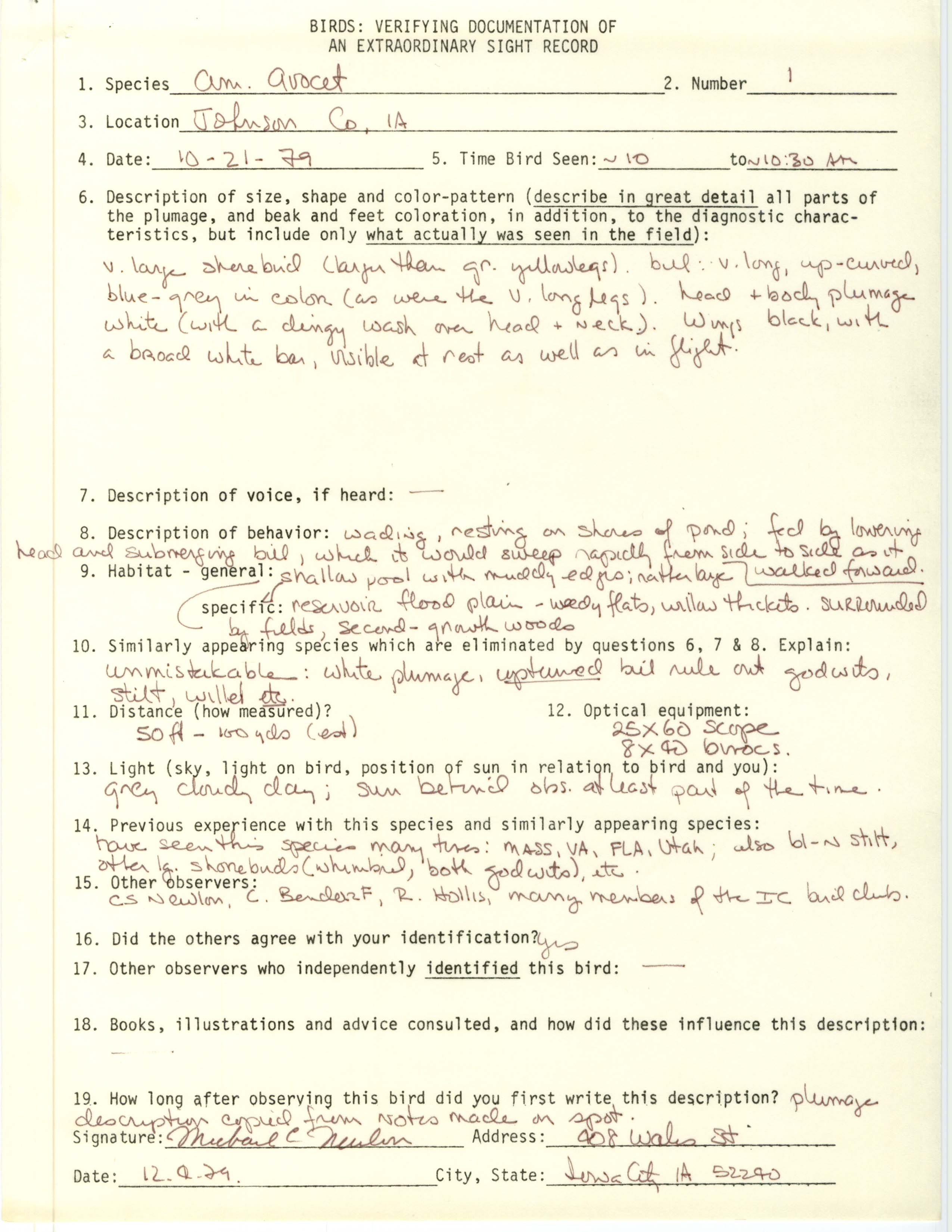 Rare bird documentation form for American Avocet at Johnson County, 1979