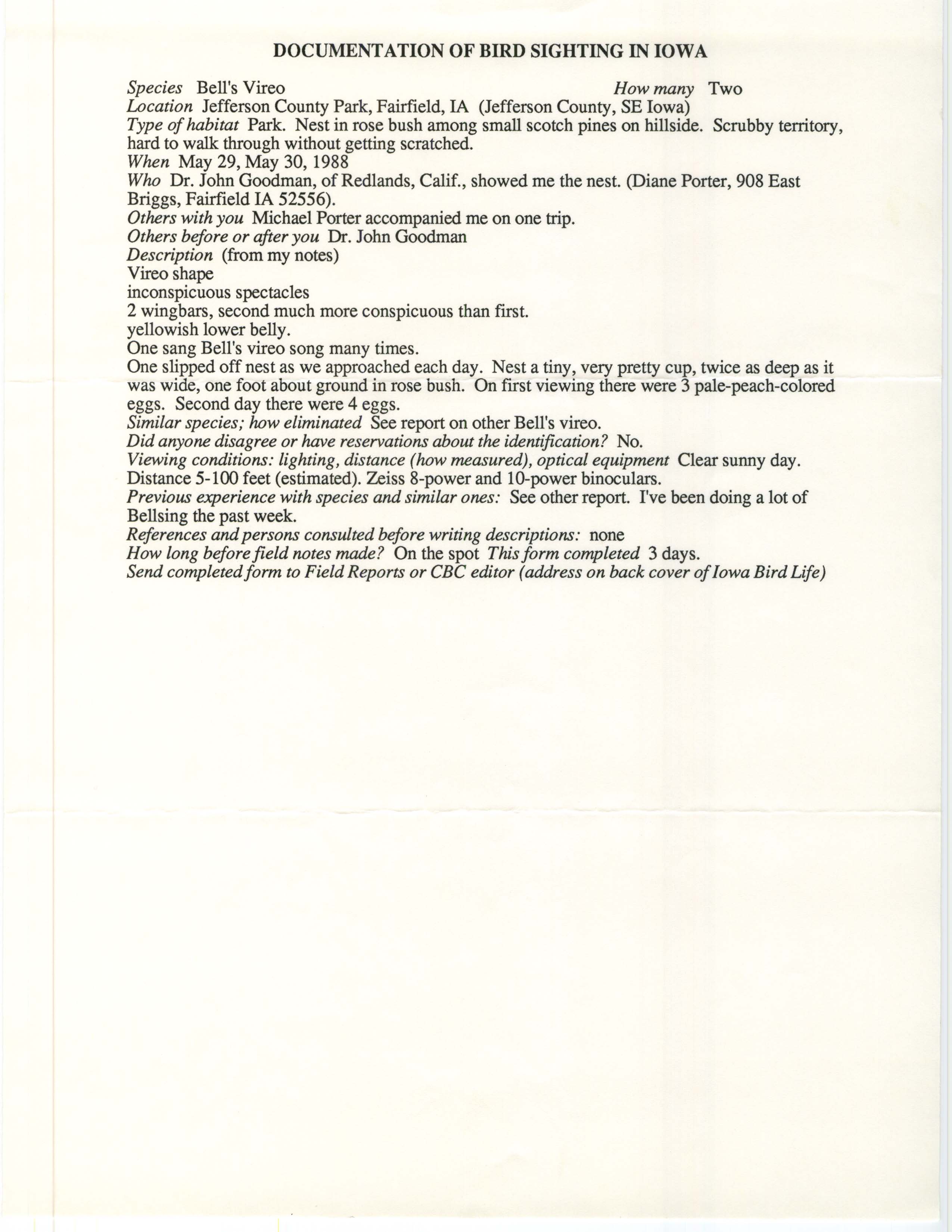 Rare bird documentation form for Bell's Vireo at Jefferson County Park in 1988