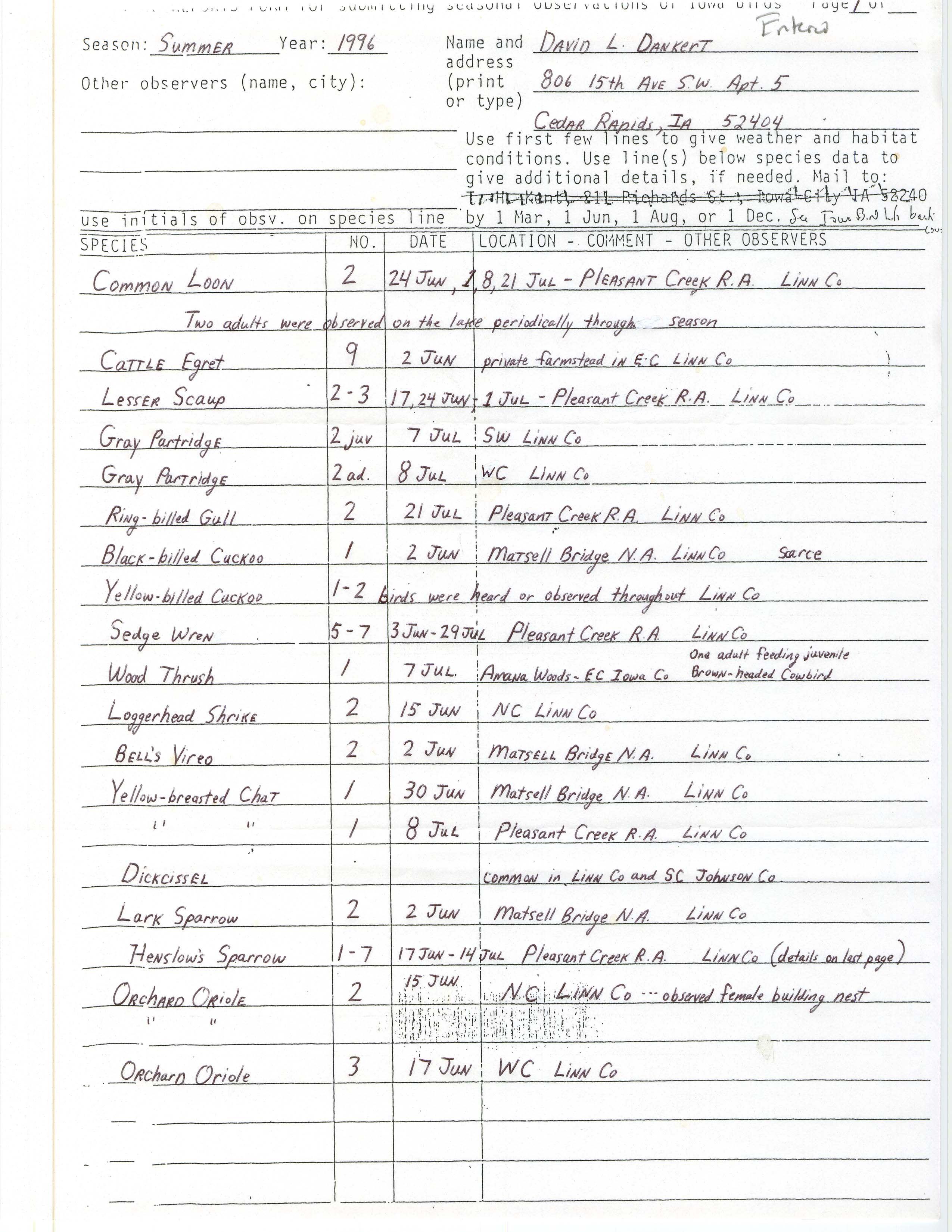 Field reports form for submitting seasonal observations of Iowa birds, David L. Dankert, summer 1996