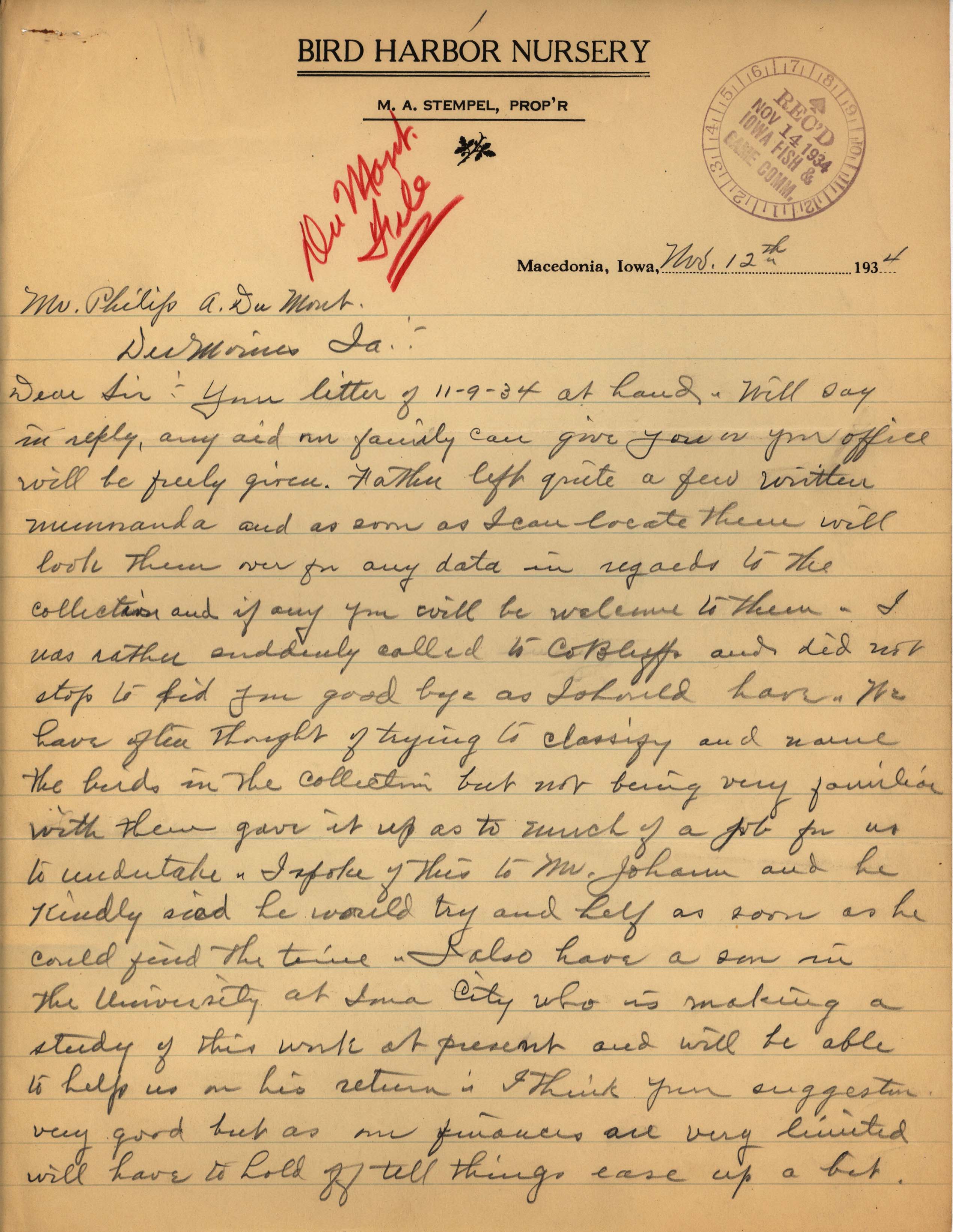 Max Stempel letter to Philip DuMont regarding additional details about specimens in the Stempel collection, November 12, 1934
