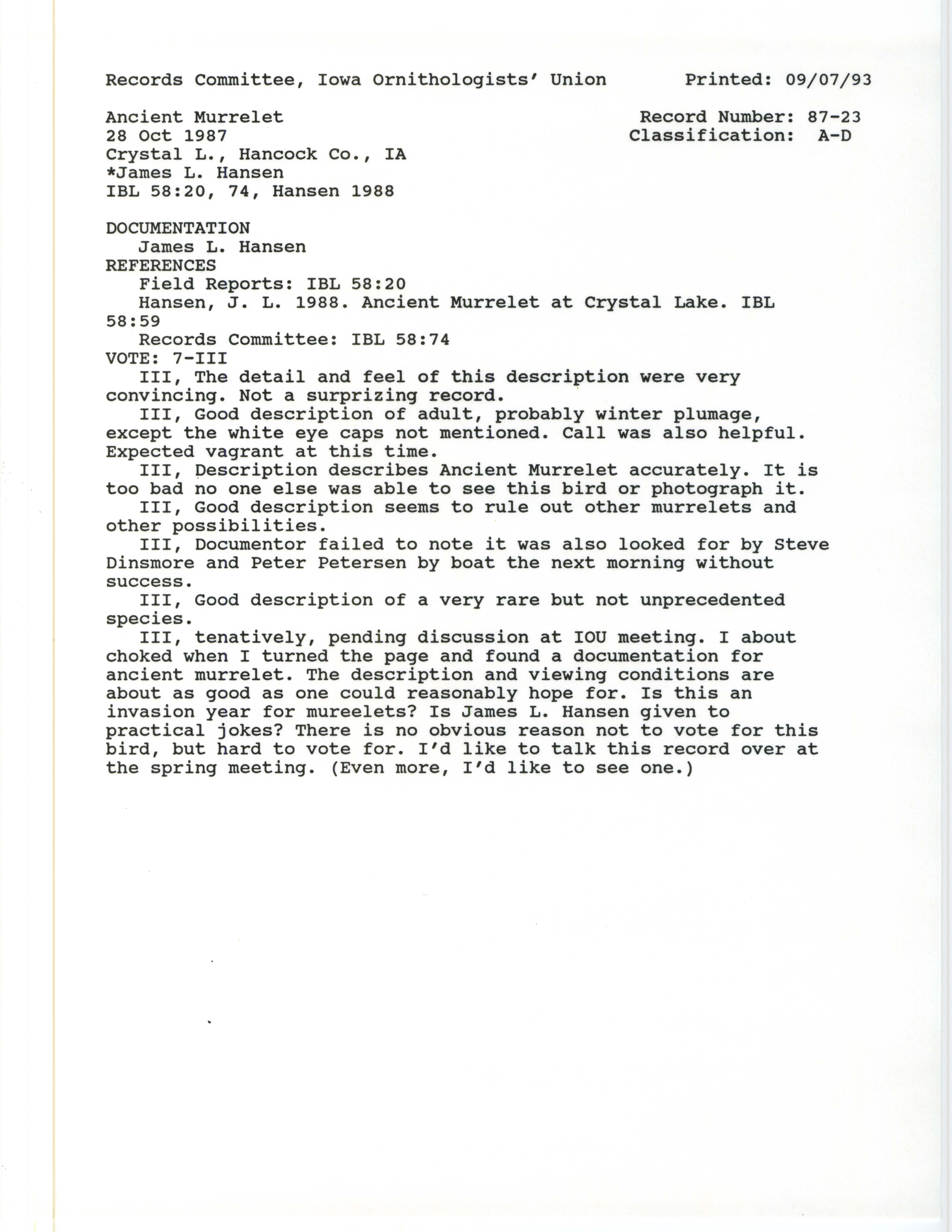 Records Committee review for rare bird sighting for Ancient Murrelet at Crystal Lake, 1987
