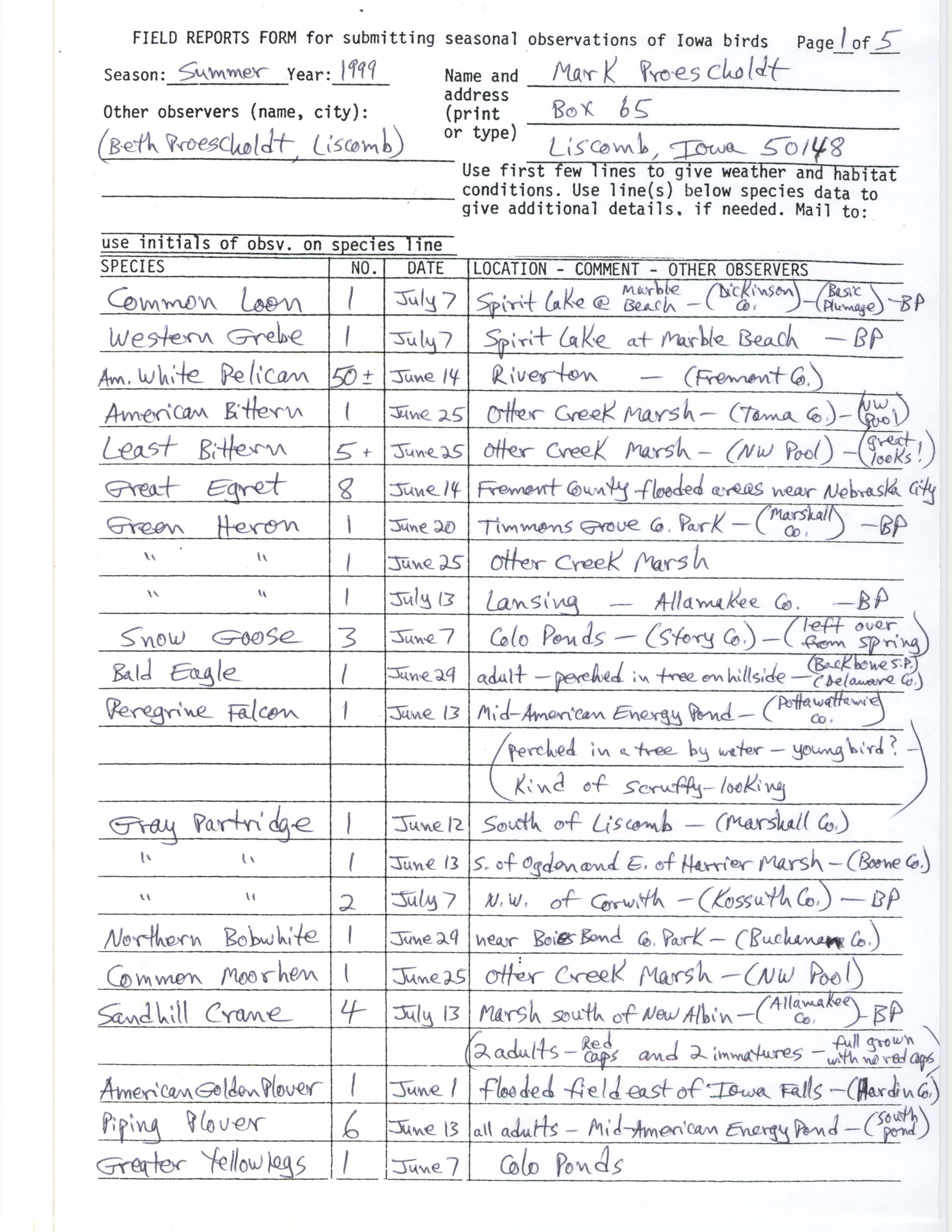 Field reports form for submitting seasonal observations of Iowa birds, Summer 1999, Mark Proescholdt