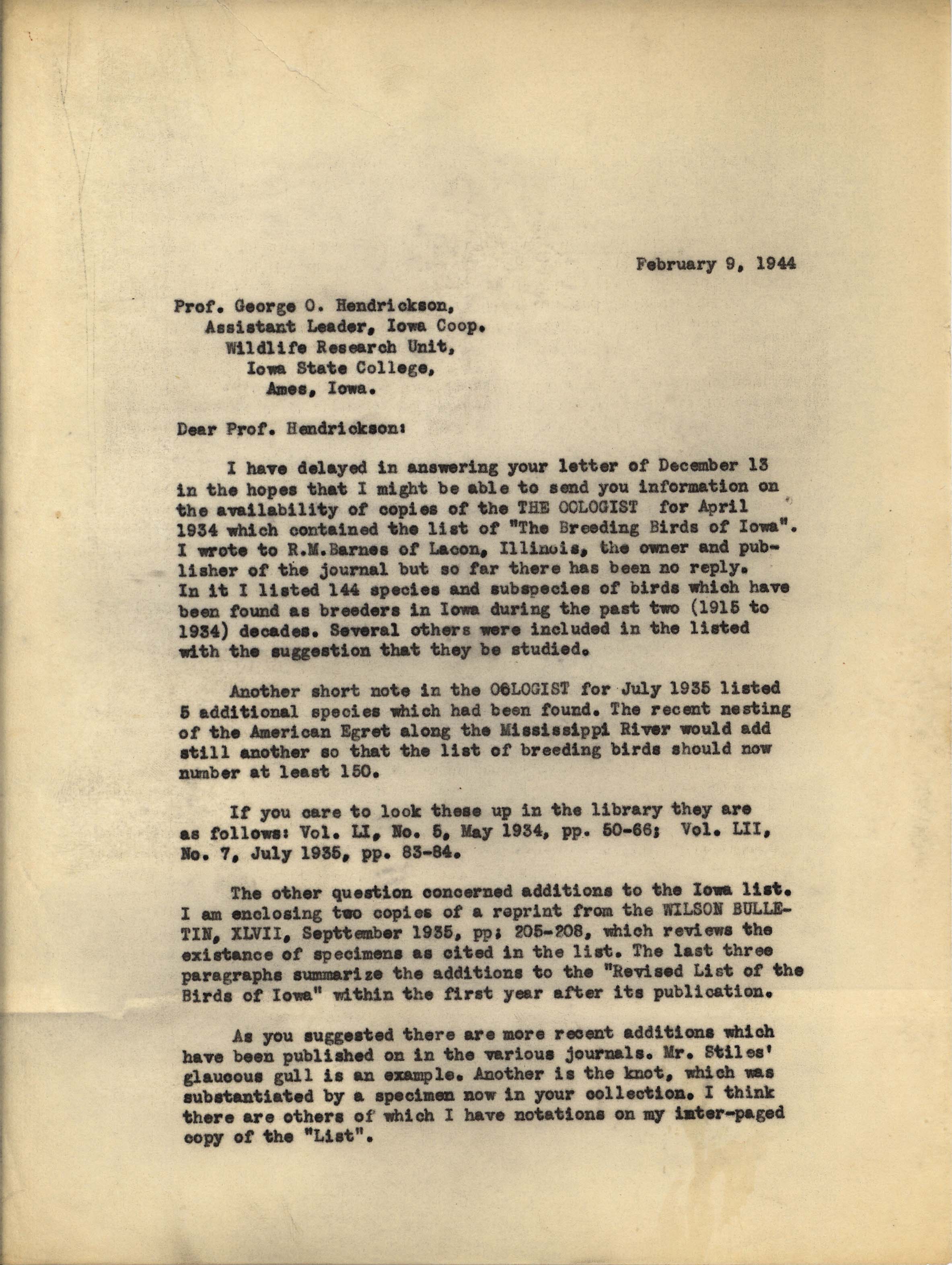 Philip DuMont letter to George Hendrickson regarding updates to the Revised List of the Birds of Iowa, February 9, 1944