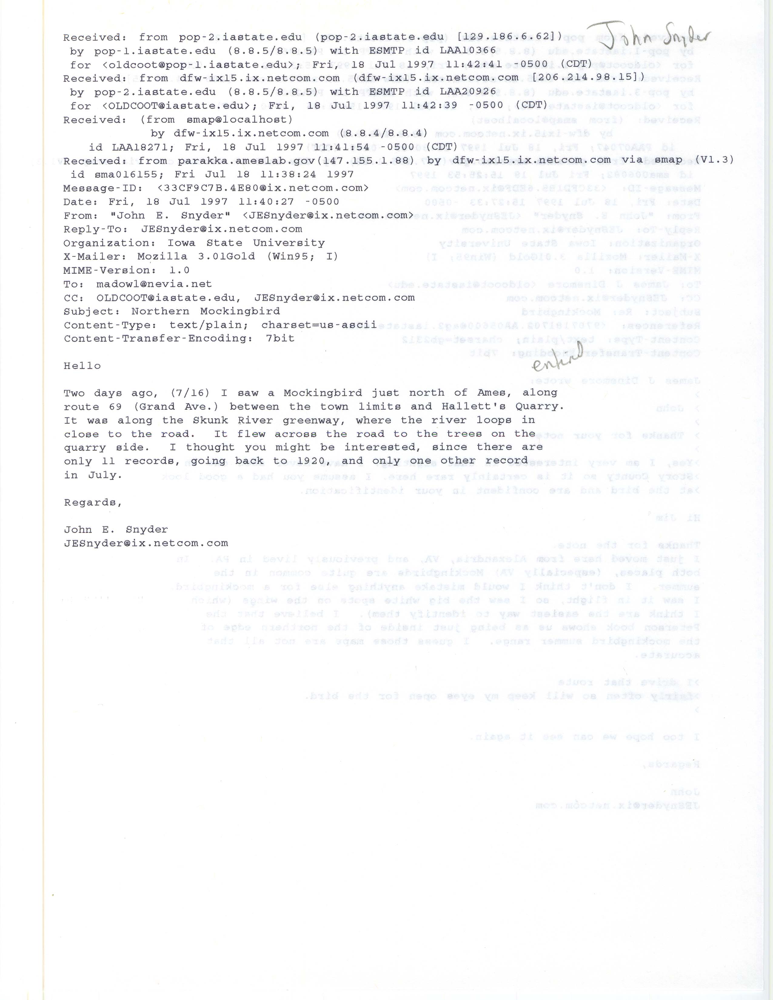 John Evan Snyder emails to James J. Dinsmore regarding a Northern Mockingbird sighting, July 18, 1997
