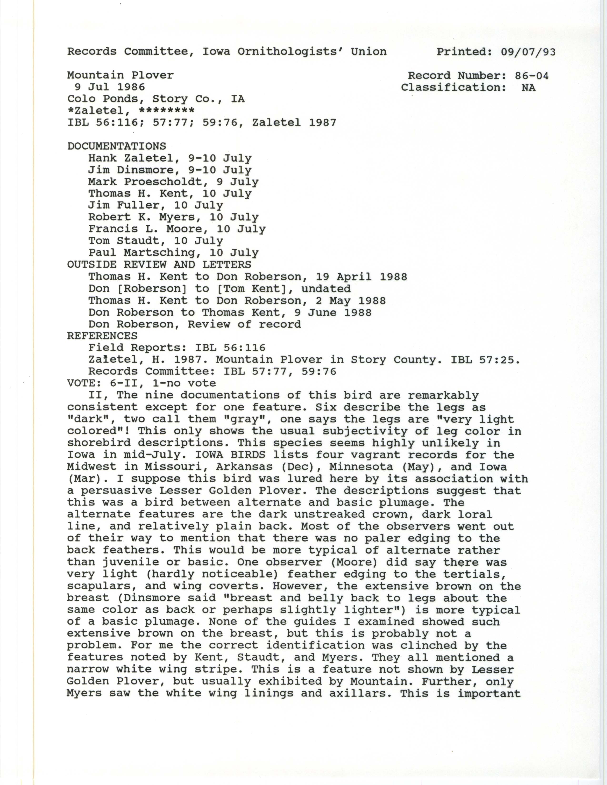 Records Committee review for rare bird sighting of Mountain Plover at Colo Ponds, 1986