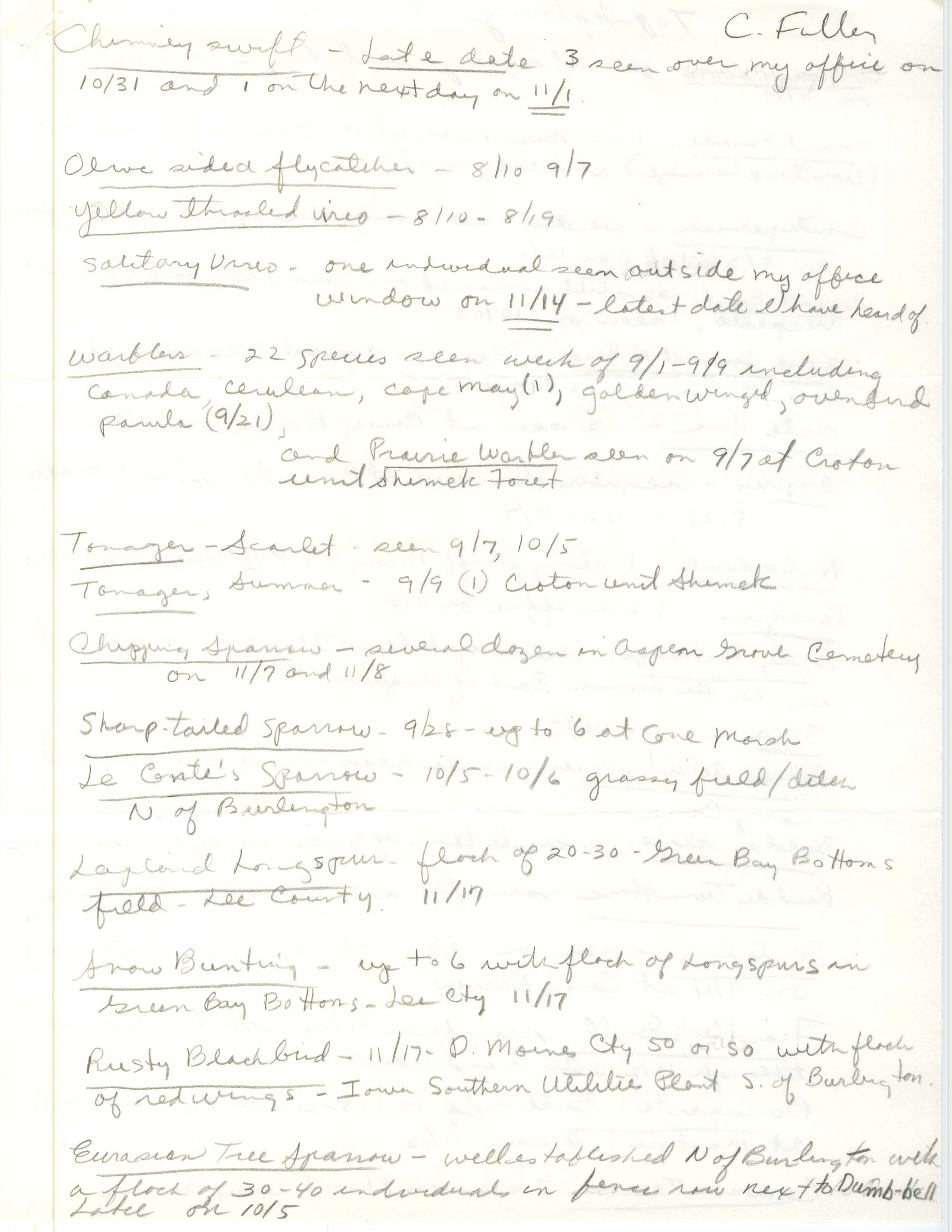 Field notes contributed by Charles Fuller, fall 1991