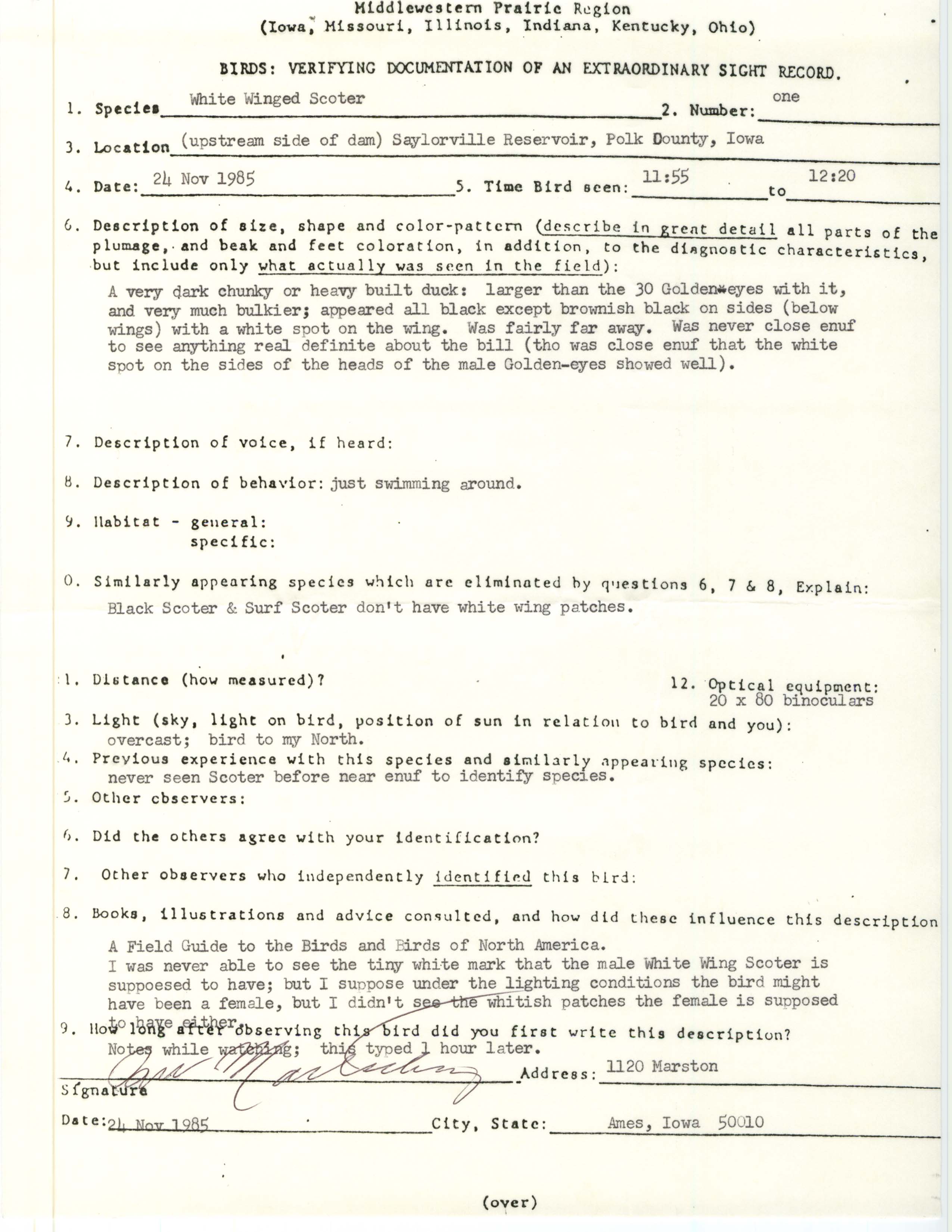 Rare bird documentation form for White-winged Scoter at Saylorville Reservoir, 1985