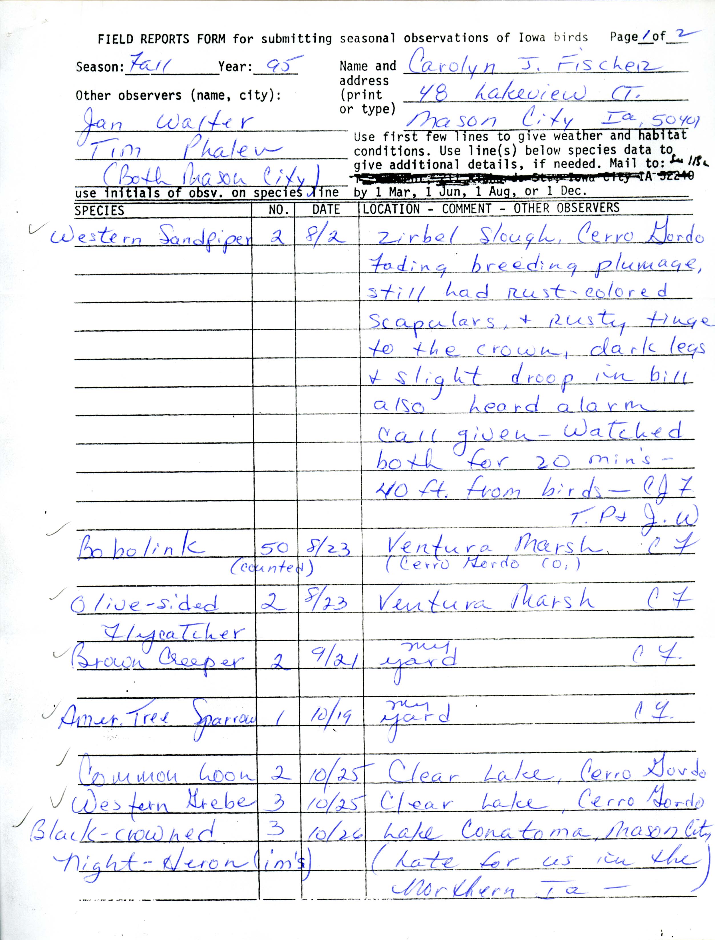 Field reports form for submitting seasonal observations of Iowa birds, Carolyn J. Fischer, fall 1995