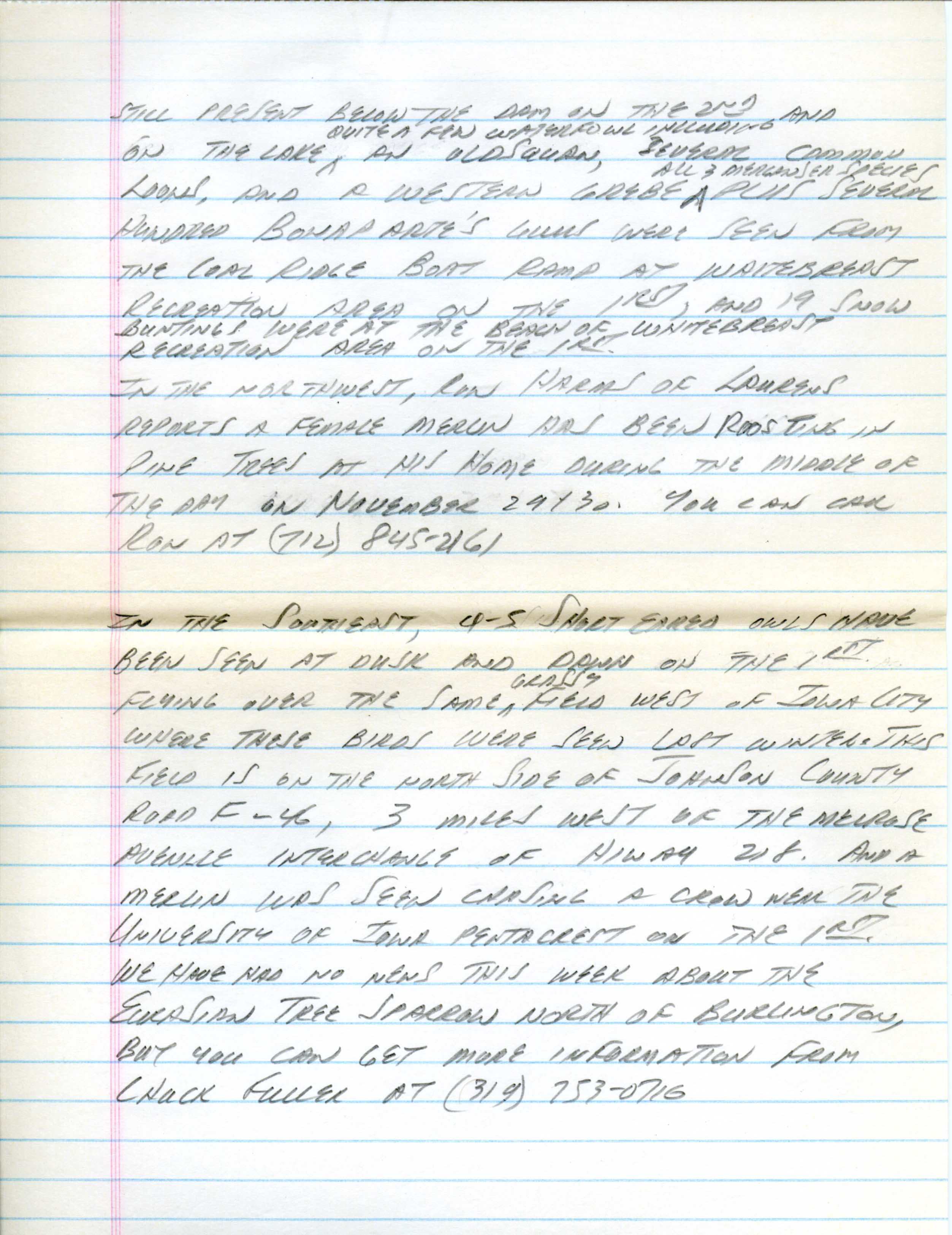 Iowa Birdline update, December 3, 1990, notes