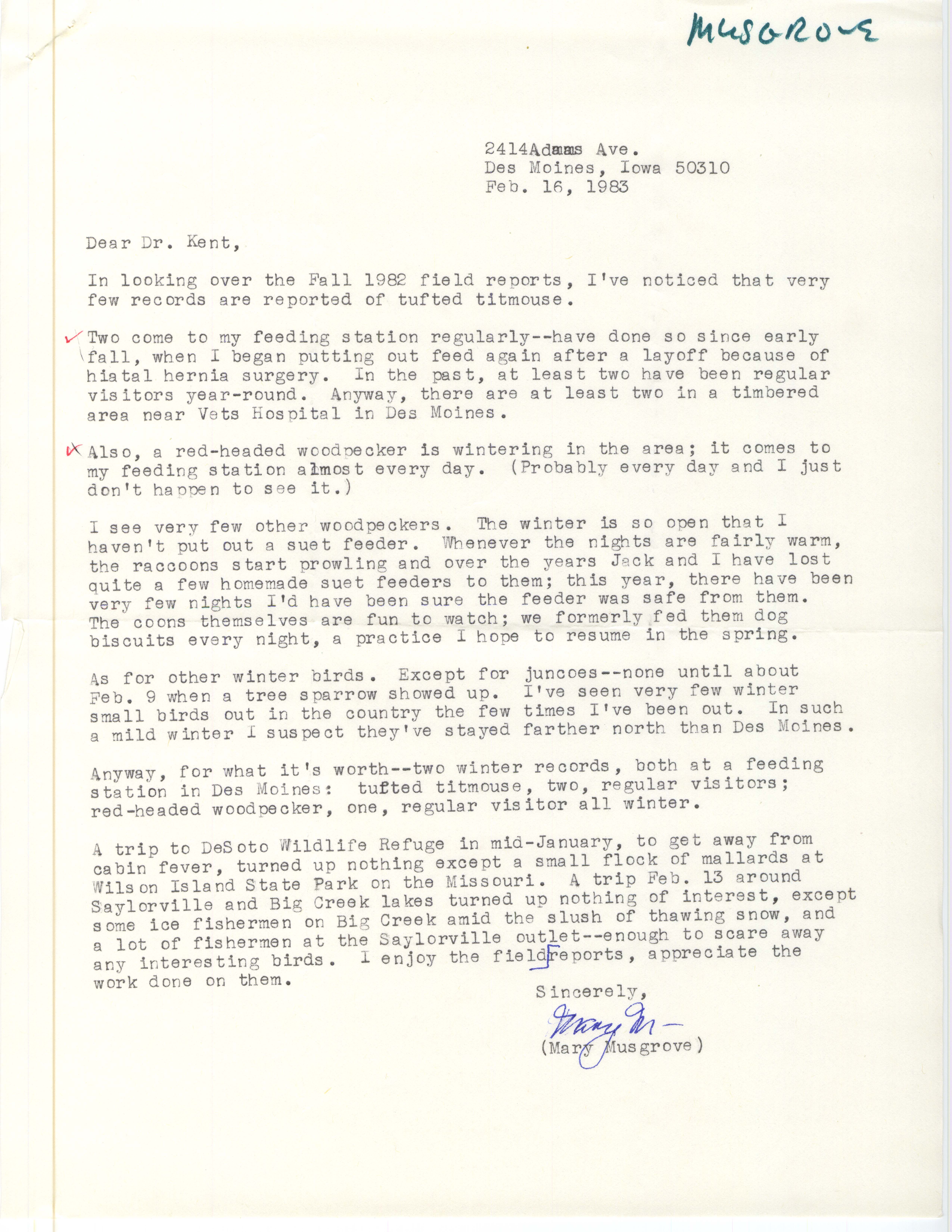 Mary R. Musgrove letter to Thomas H. Kent regarding additional winter bird sightings, February 16, 1983