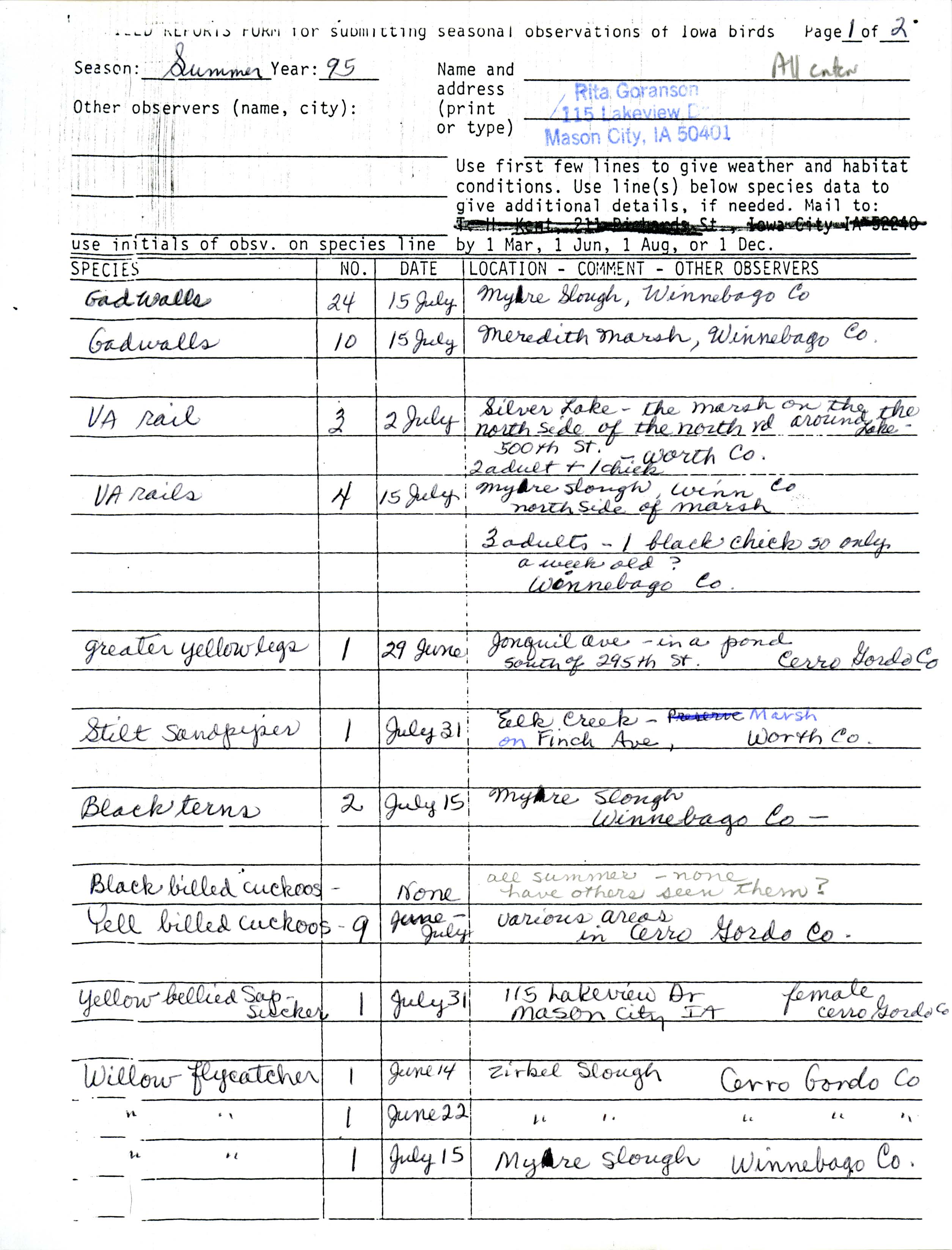 Field reports form for submitting seasonal observations of Iowa birds, summer 1995, Rita Goranson