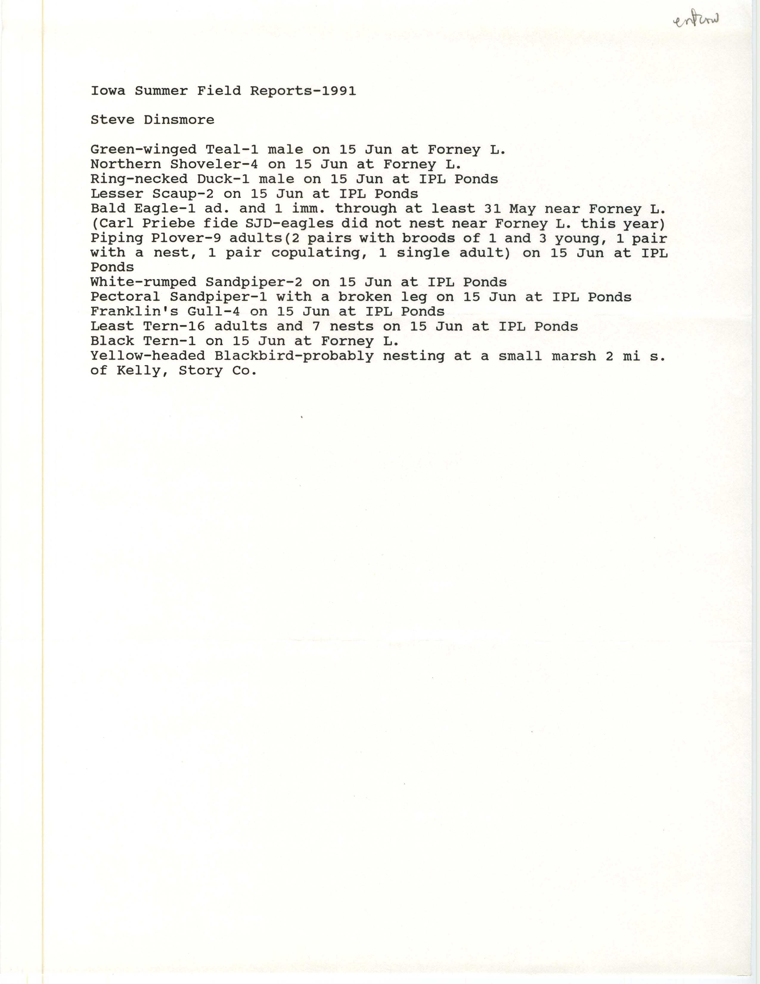 Field notes contributed by Stephen J. Dinsmore, summer 1991