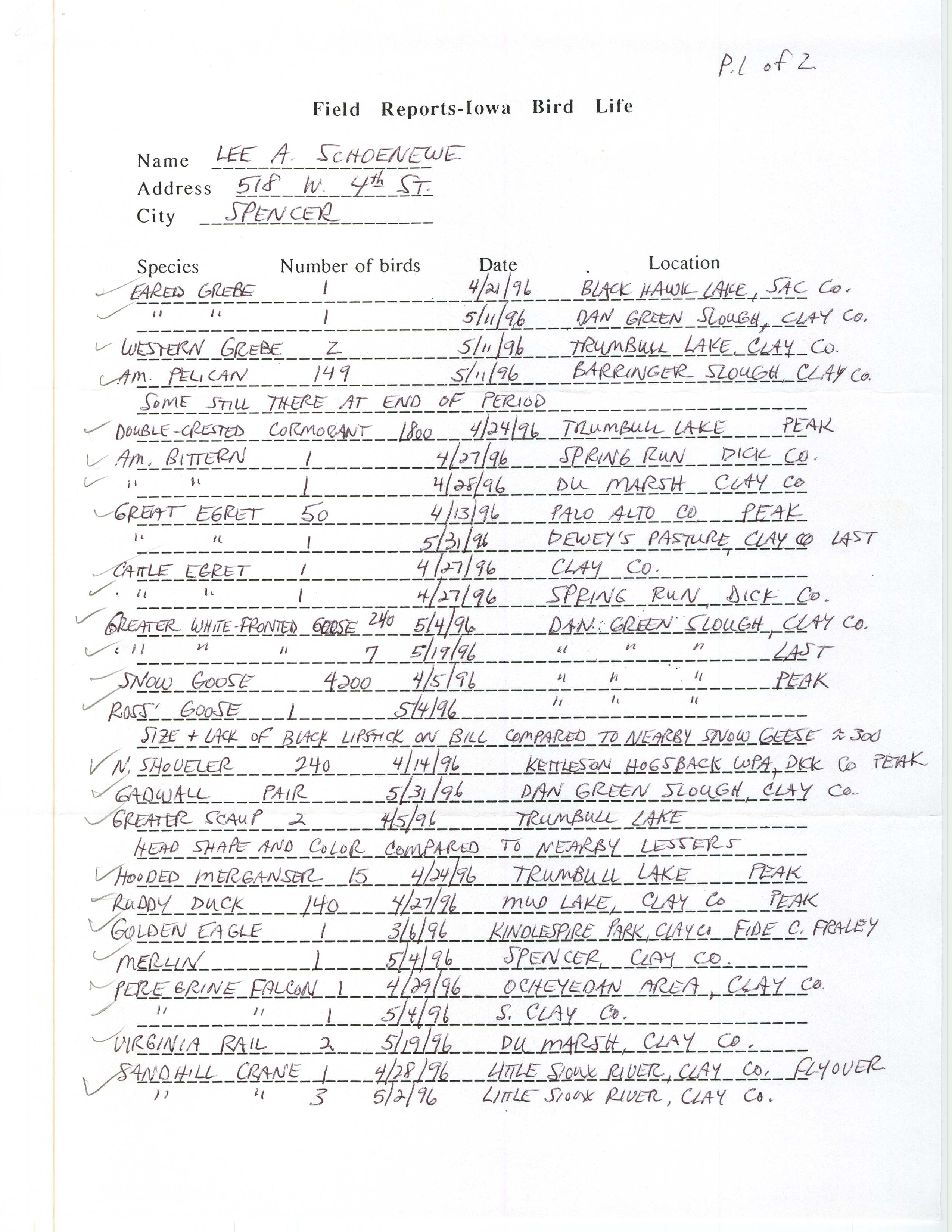 Field notes contributed by Lee A. Schoenewe, spring 1996