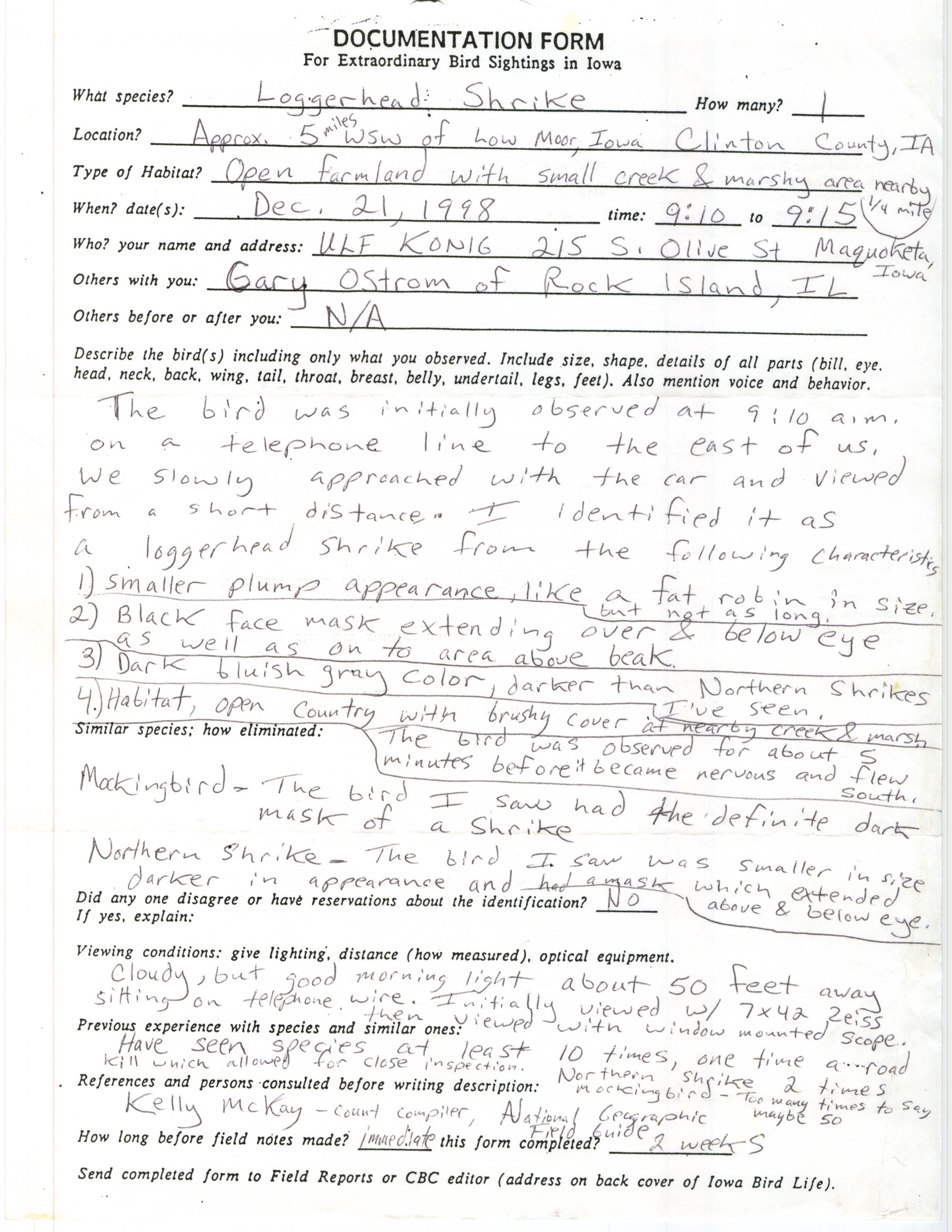 Rare bird documentation form for Loggerhead Shrike at west southwest of Low Moor, 1998