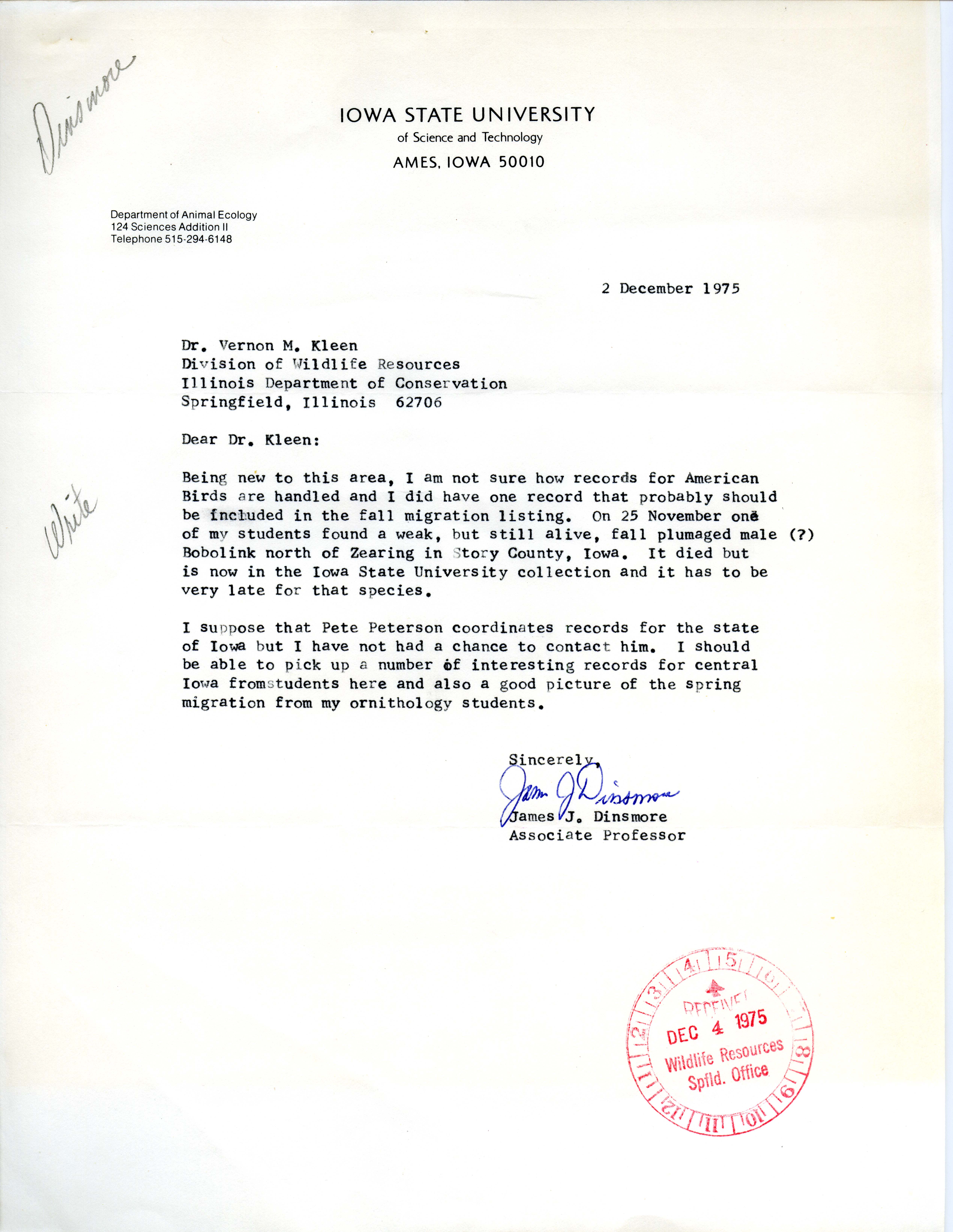 James J. Dinsmore letter to Vernon M. Kleen regarding submitting records for American birds, December 2, 1975