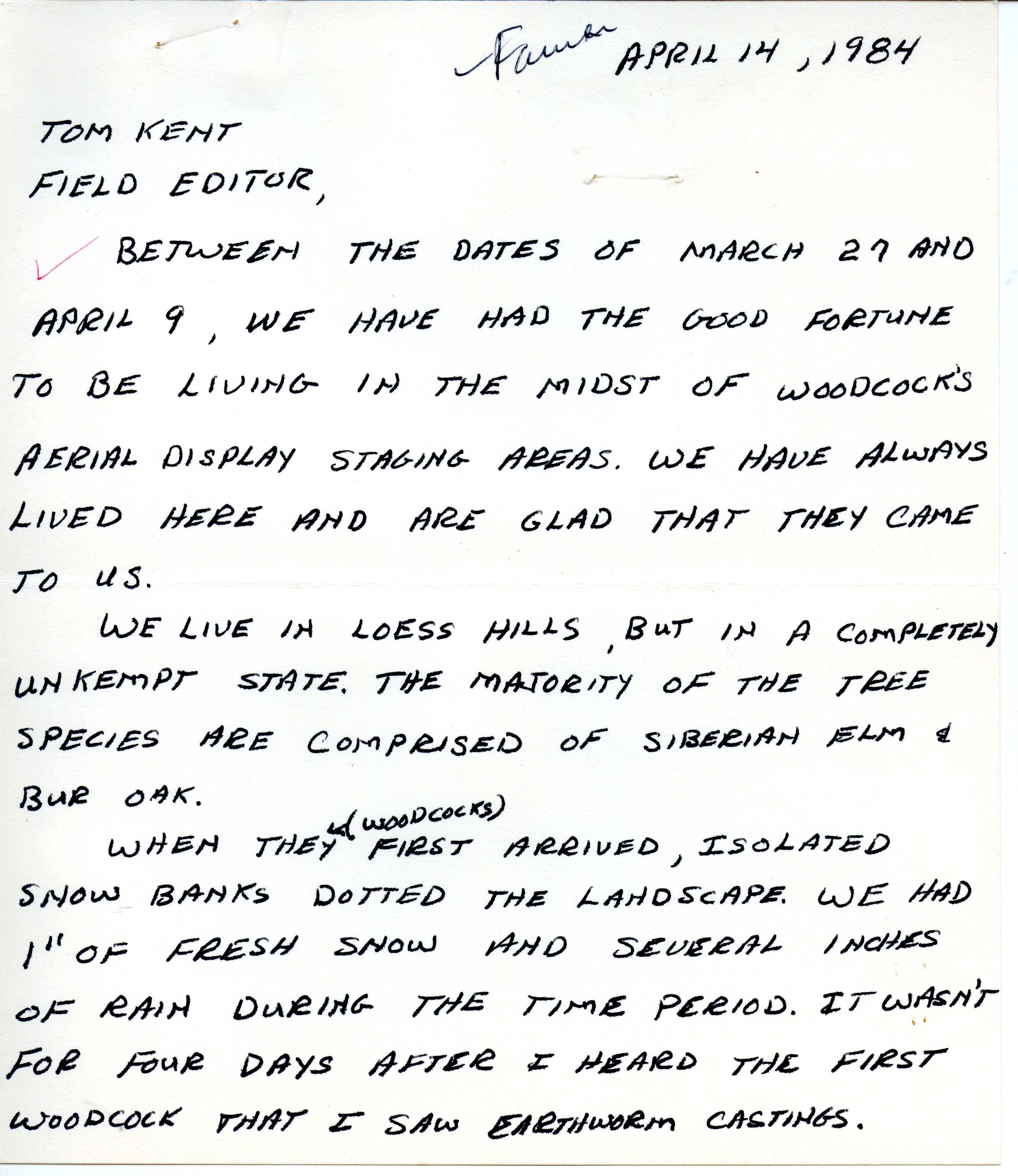Larry Farmer letter to Thomas H. Kent regarding woodcocks' aerial display, April 14, 1984