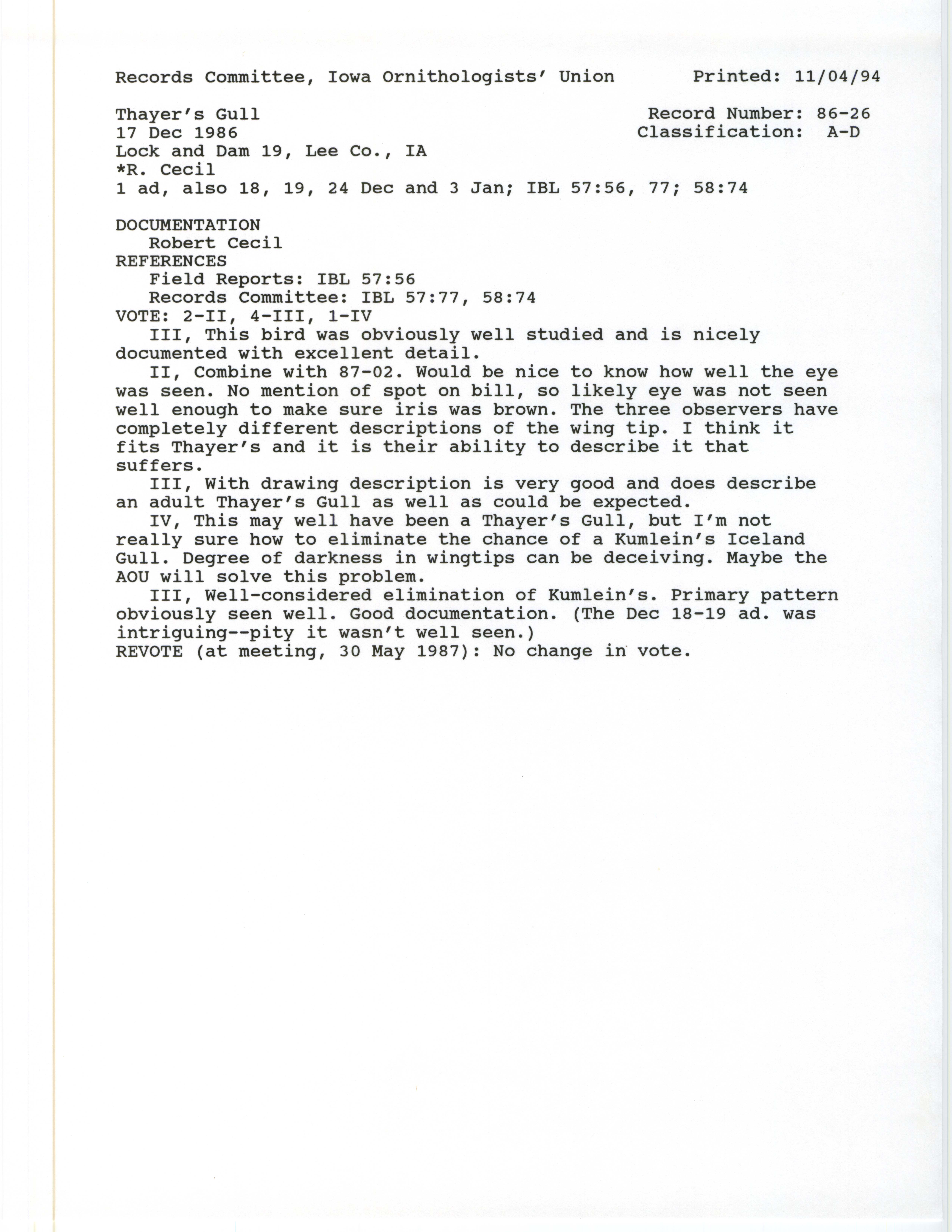 Records Committee review for rare bird sighting of Thayer's Gull at Lock and Dam 19, 1986