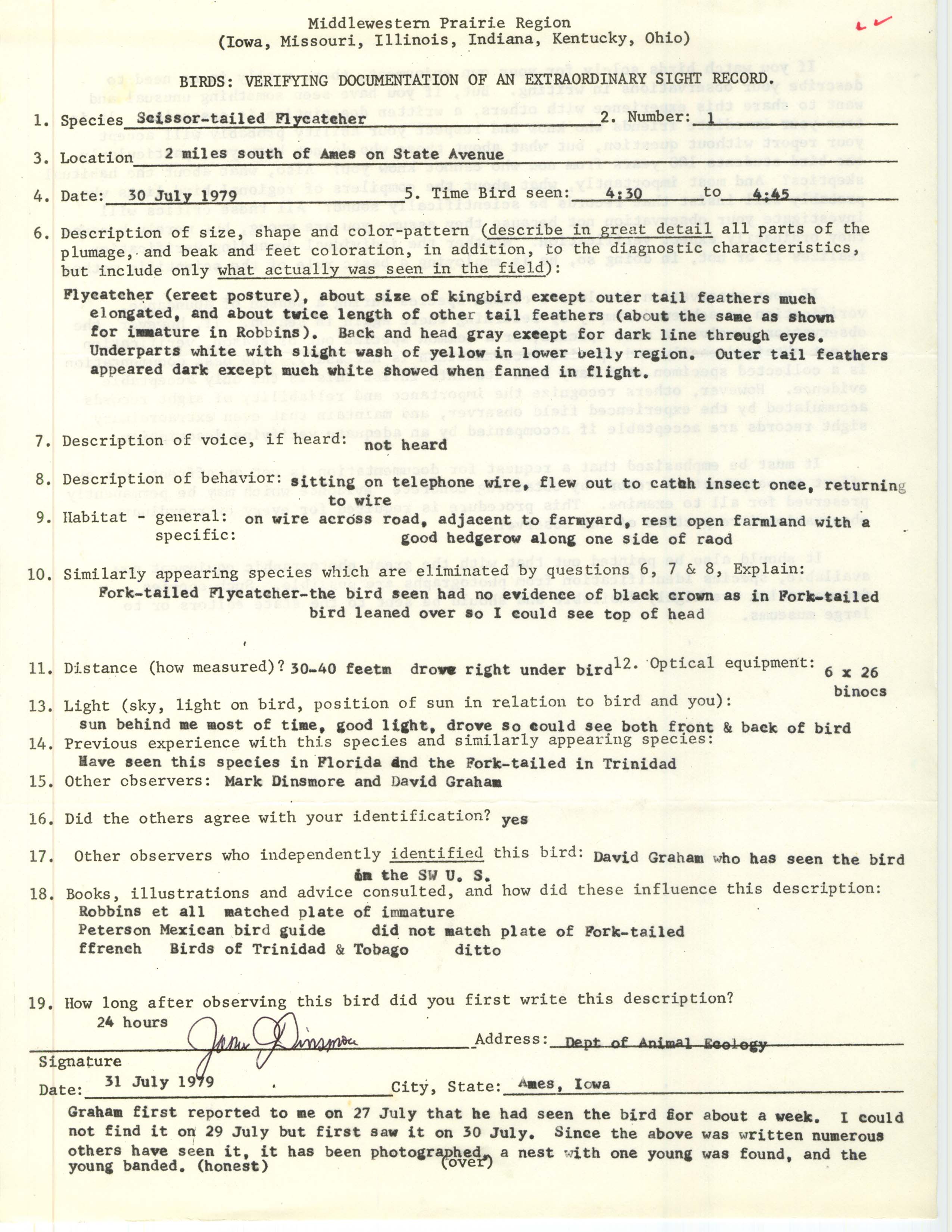 Rare bird documentation form for a Scissor-tailed Flycatcher south of Ames, 1979