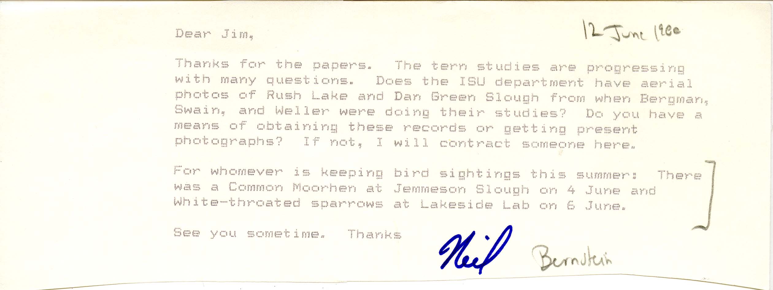 Neil Bernstein letter to James J. Dinsmore regarding aerial photographs, June 12, 1988