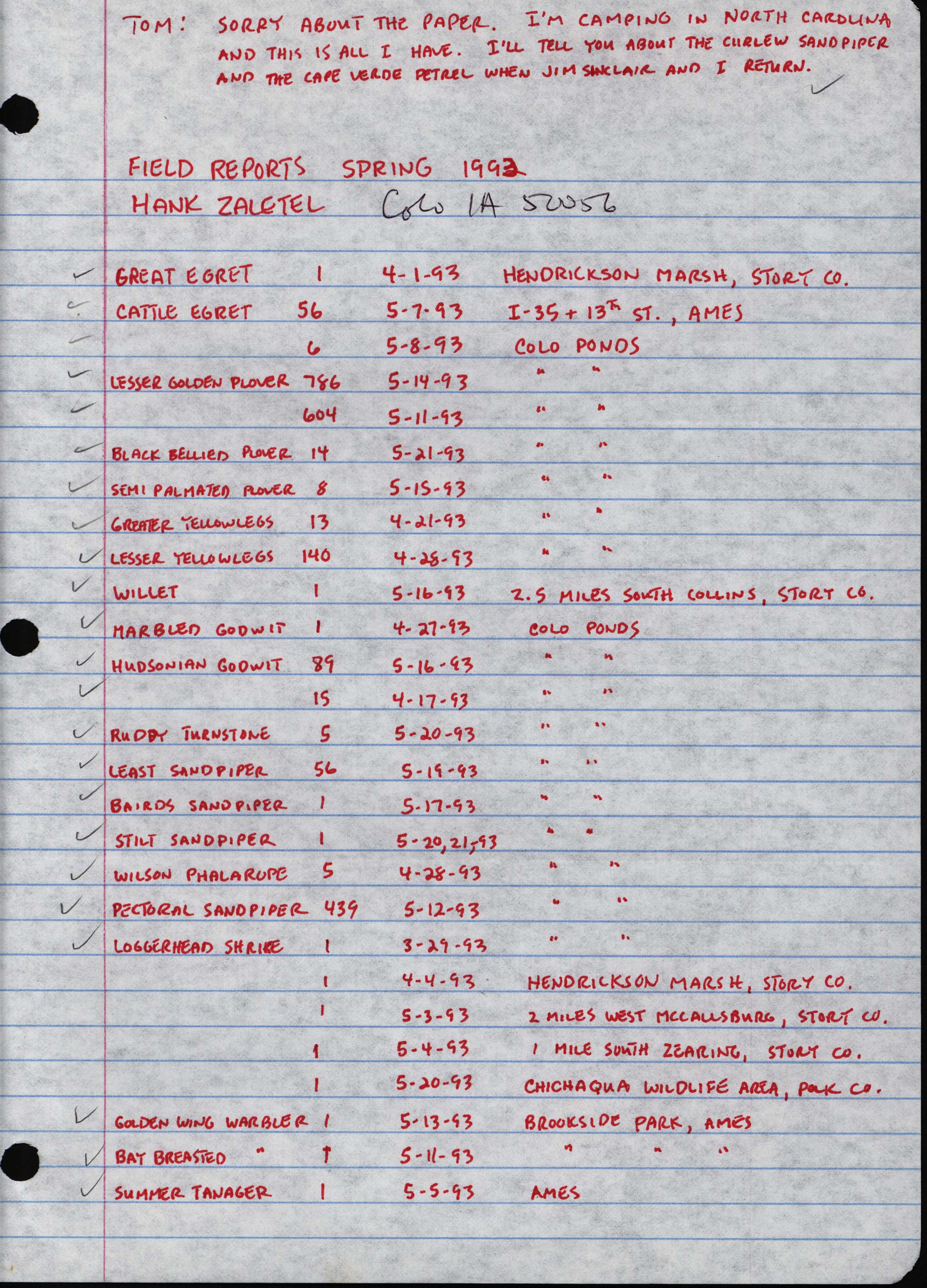 Field reports, Spring 1993, Hank Zaletel