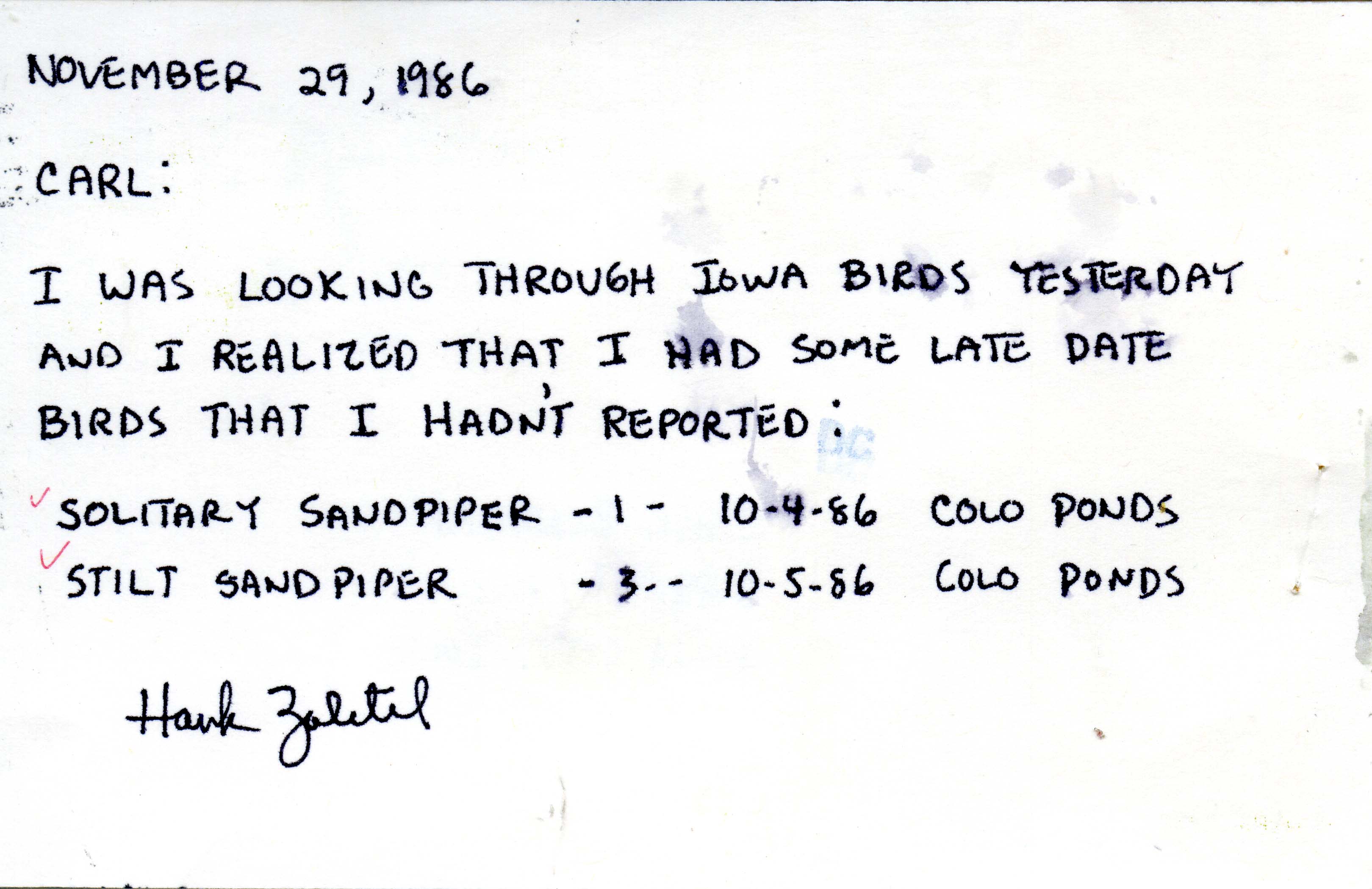 Hank Zaletel letter to Carl J. Bendorf regarding bird sightings, November 29, 1986