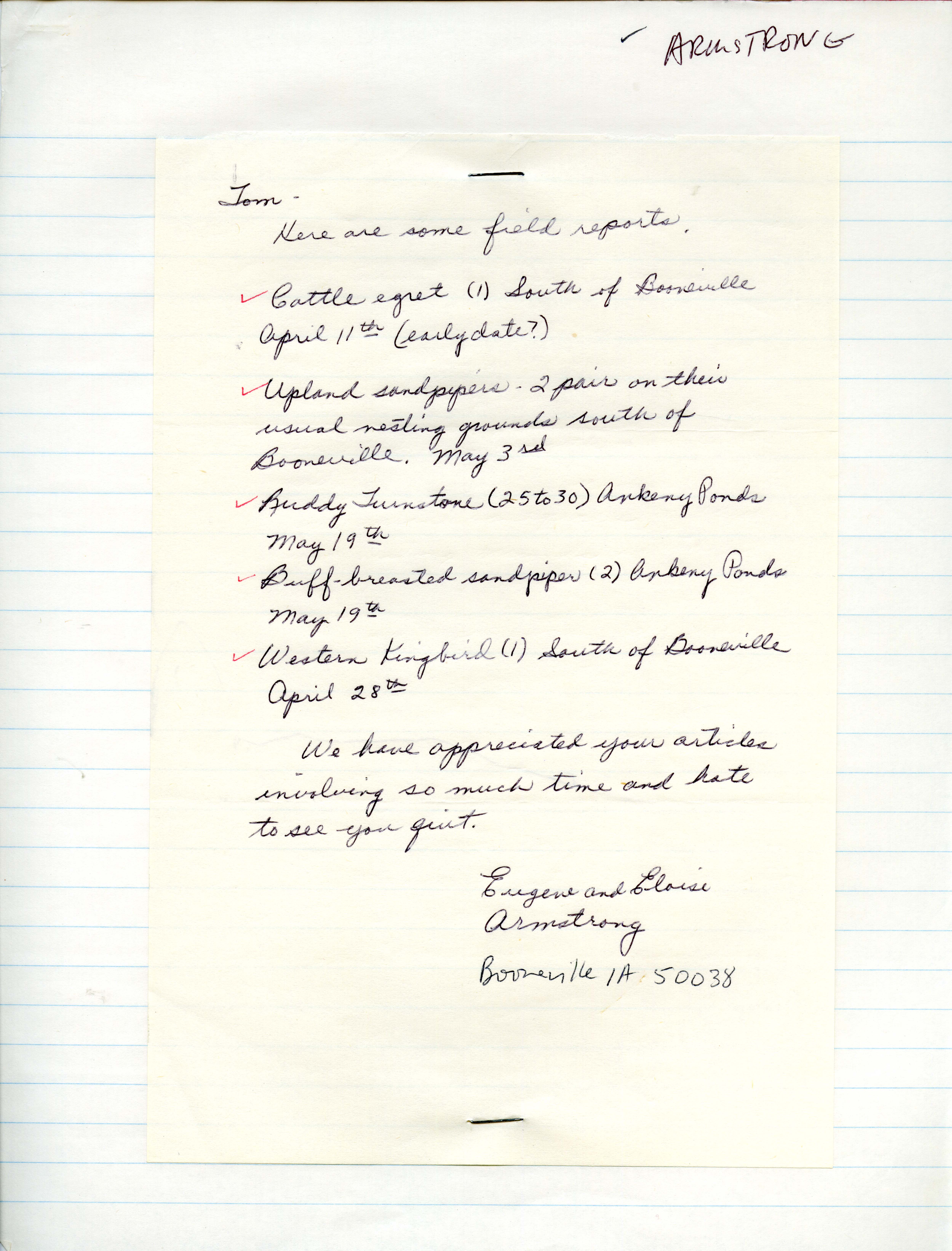 Eugene and Eloise Armstrong letter to Thomas H. Kent regarding bird sightings near Booneville, Iowa, spring 1984