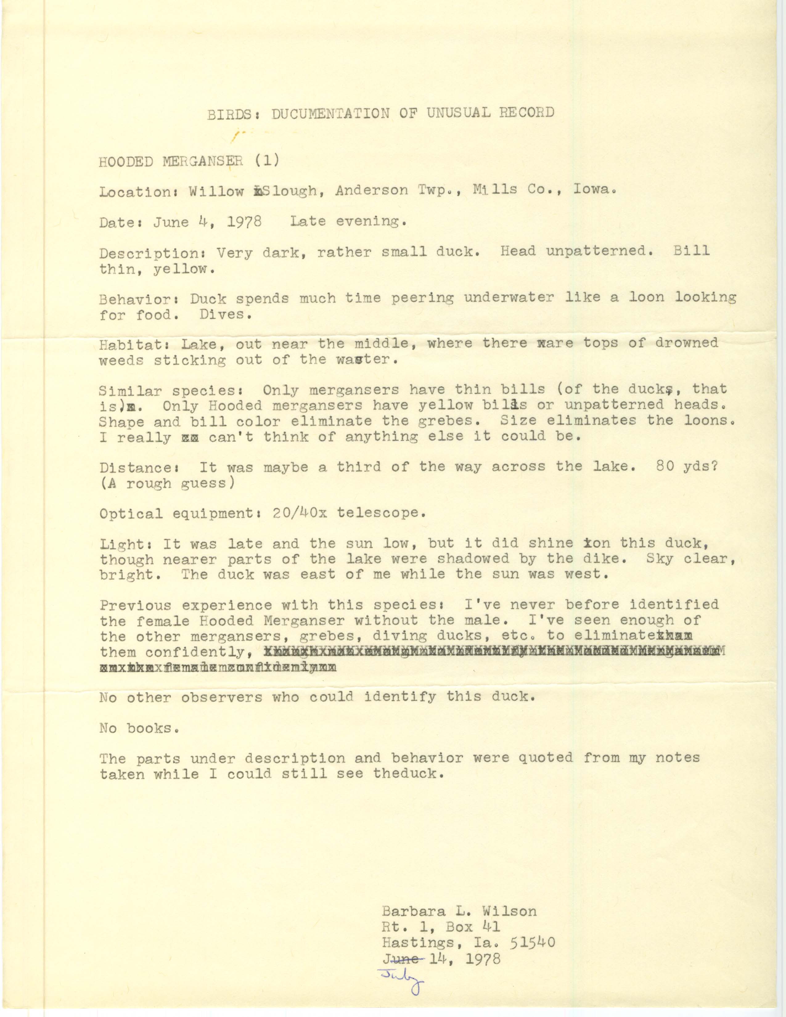 Rare bird documentation form for Hooded Merganser at Willow Slough, 1978