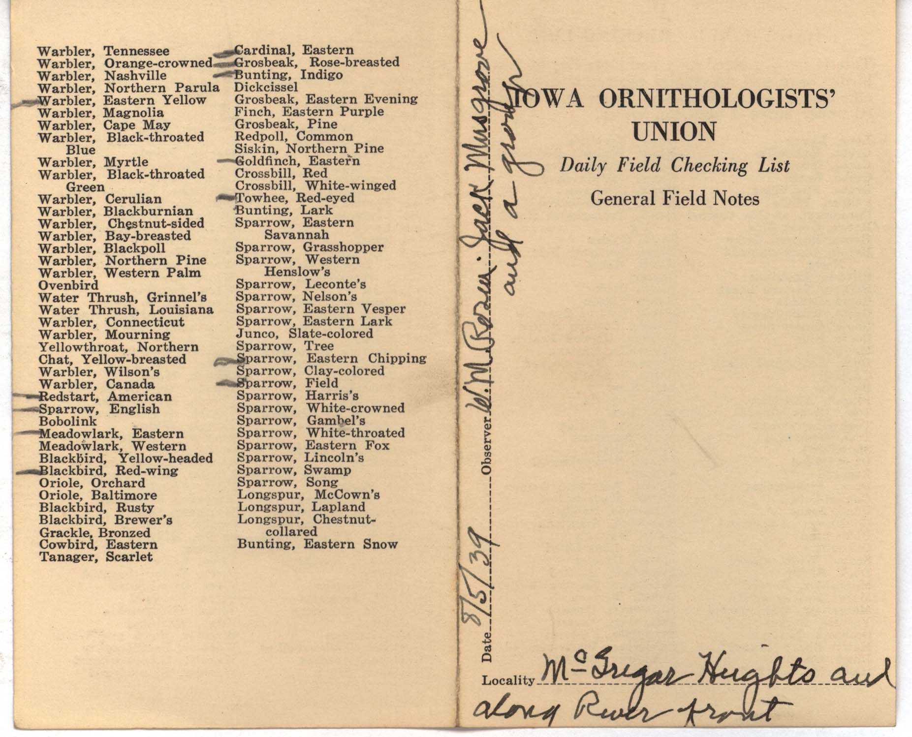 Daily field checking list by Walter Rosene, August 5, 1939