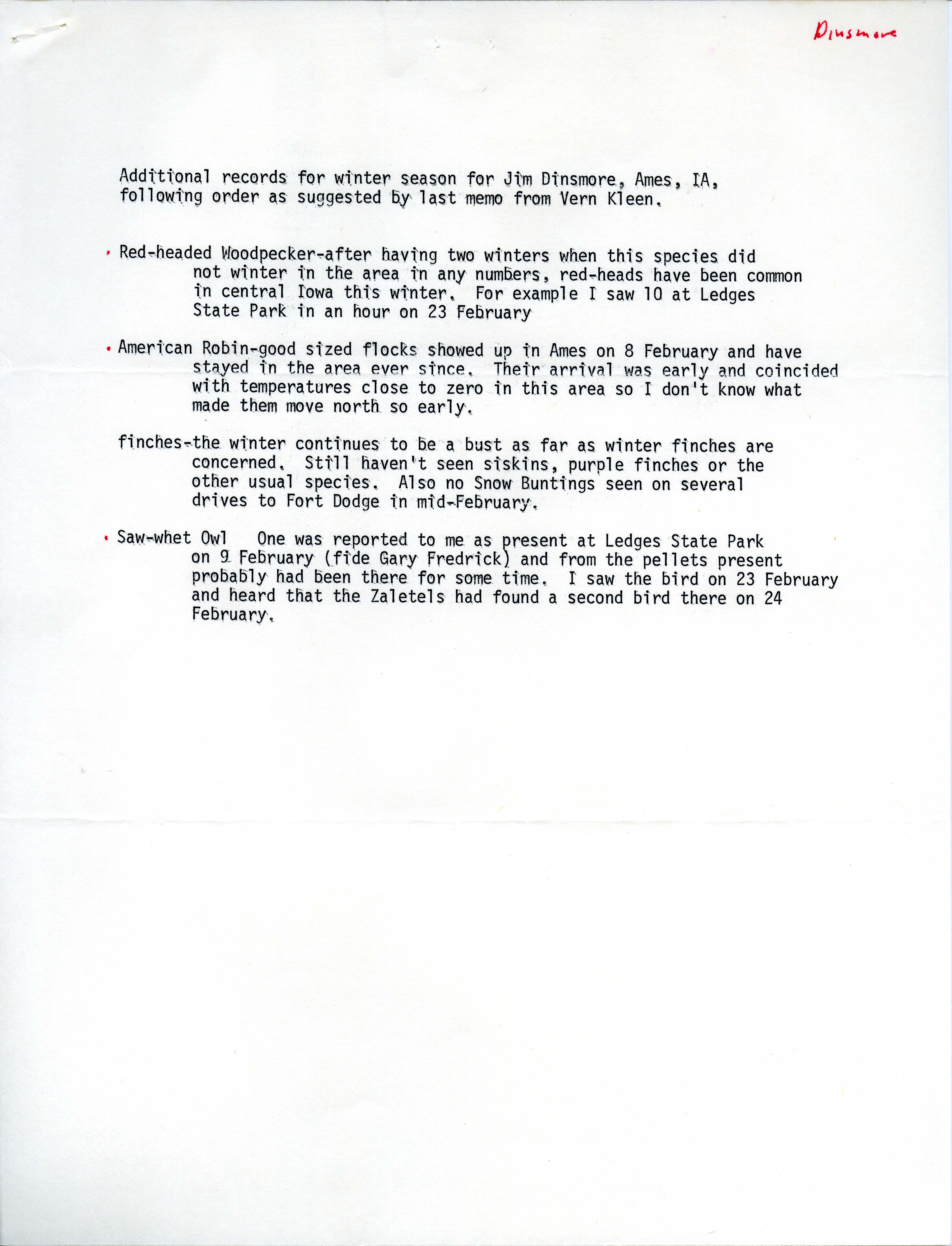 Field notes contributed by James J. Dinsmore, winter 1979-1980