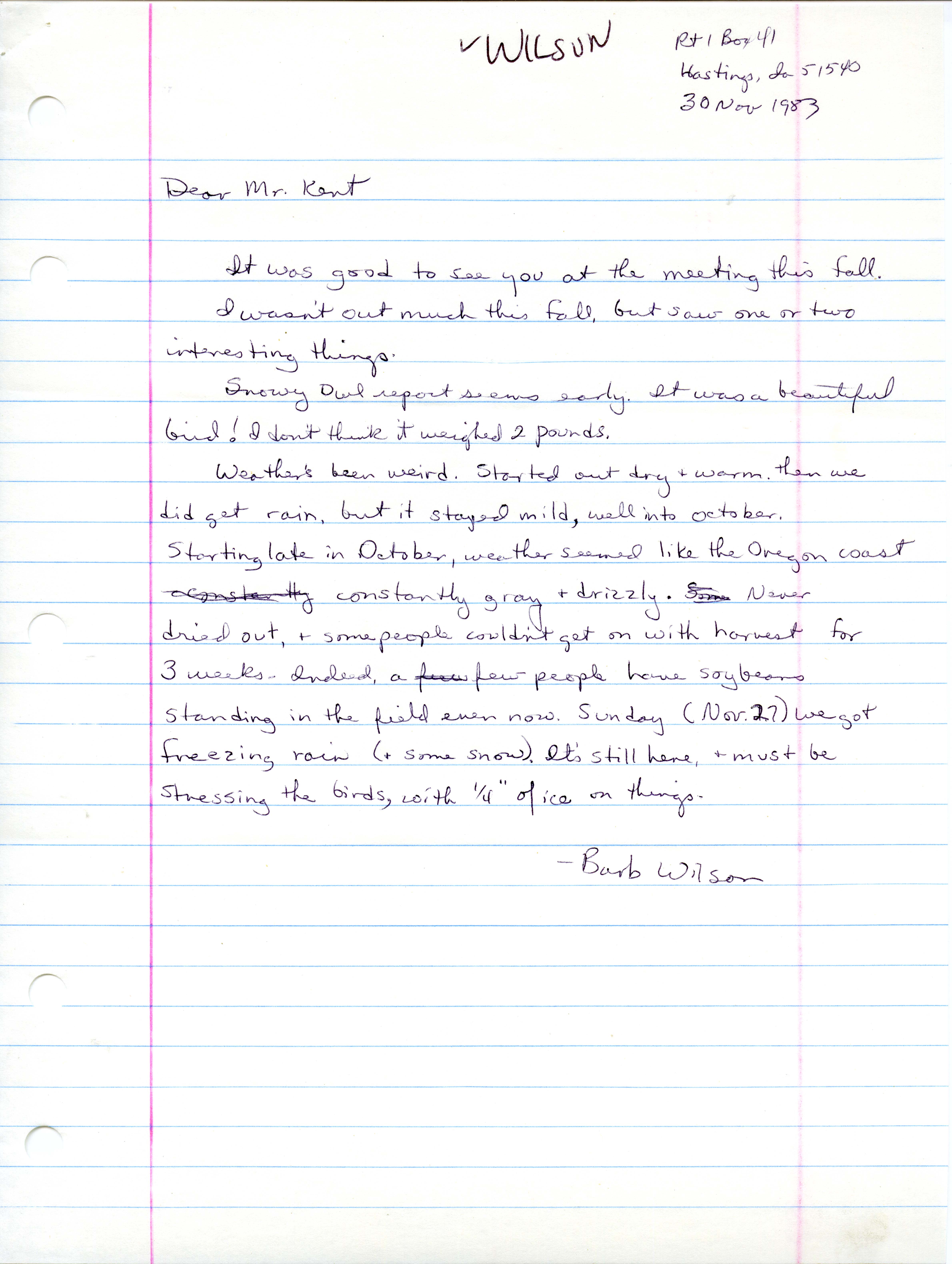 Barb Wilson letter to Thomas Kent regarding fall sightings, November 30, 1983