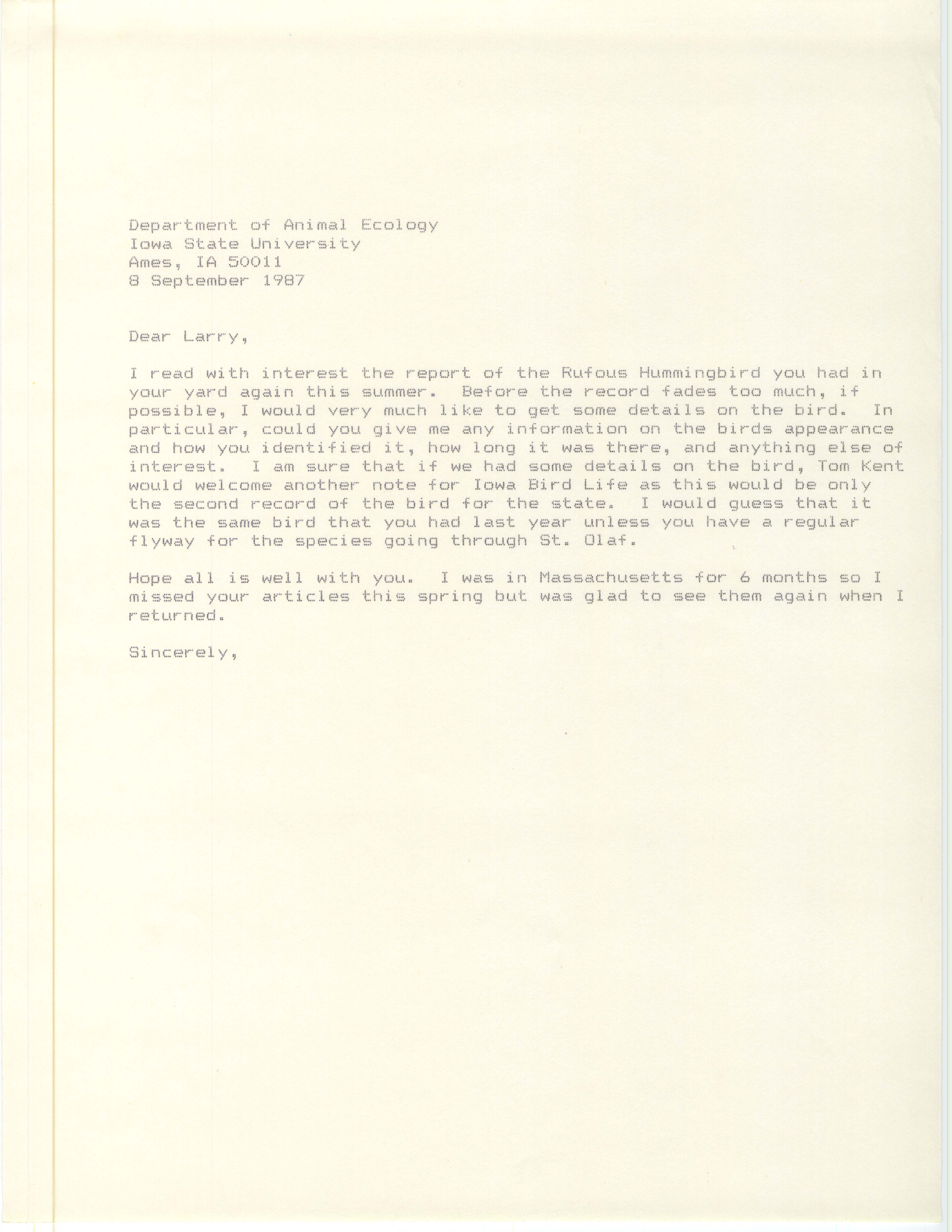 James J. Dinsmore letter to Larry Stone regarding a Rufous Hummingbird sighting, September 8, 1987