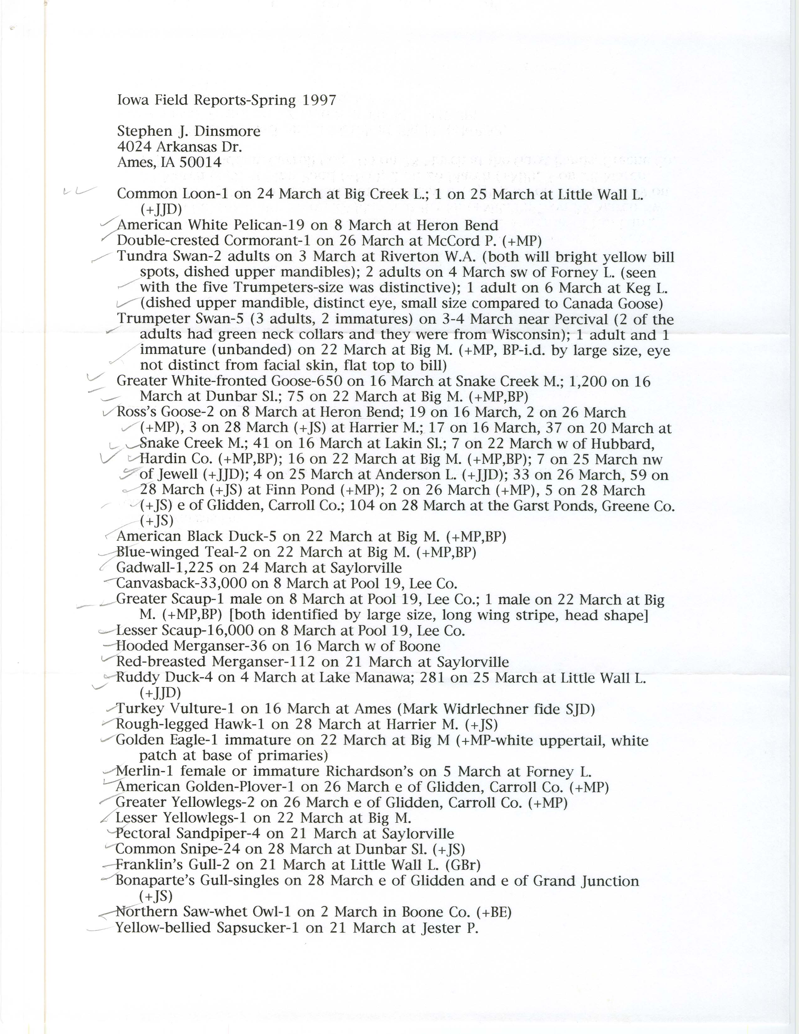 Field notes contributed by Stephen J. Dinsmore, spring 1997