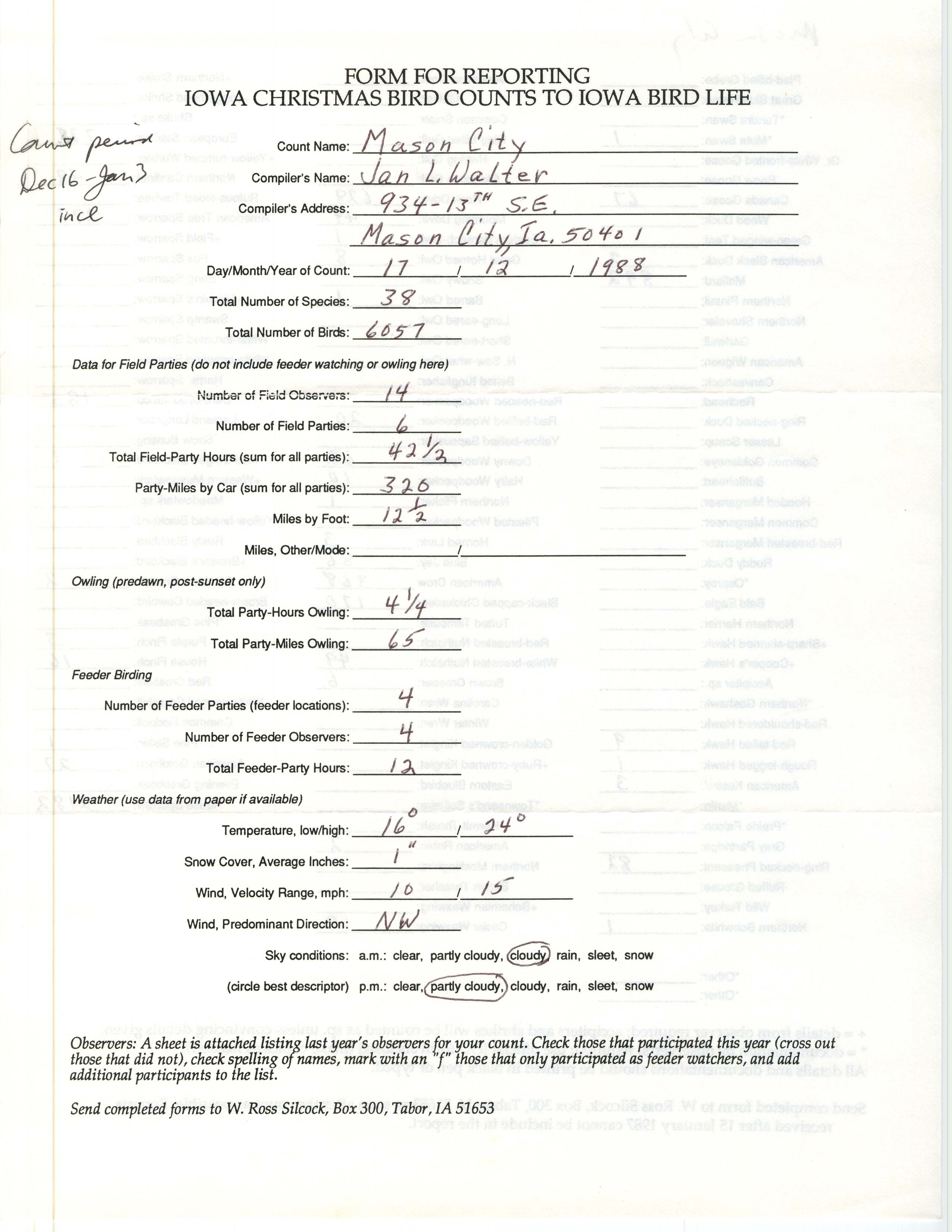 Form for reporting Iowa Christmas bird counts to Iowa Bird Life, Jan L. Walter, December 17, 1988
