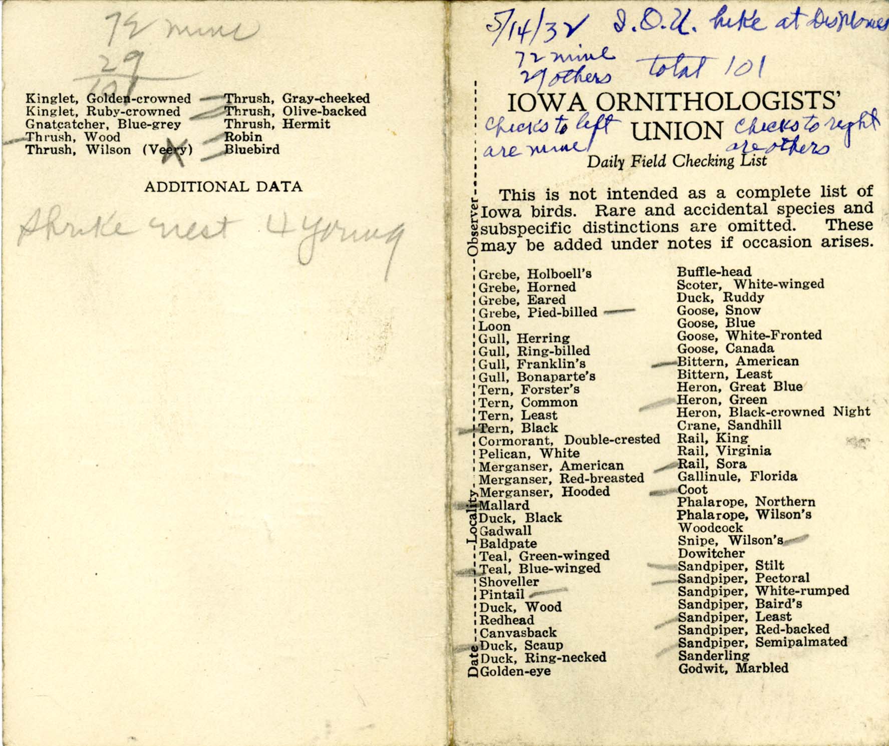 Daily field checking list, Walter Rosene, May 14, 1932