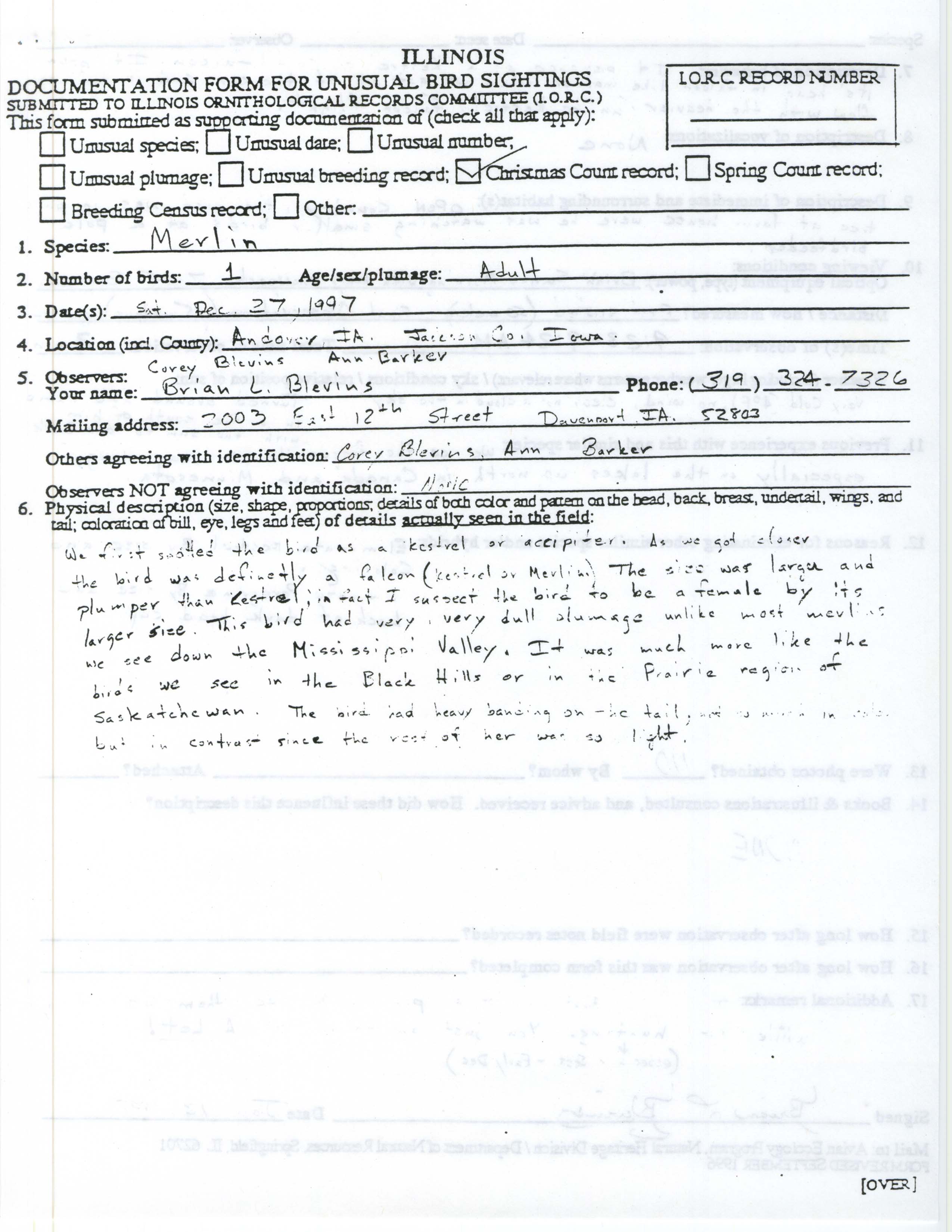 Rare bird documentation form for Merlin at Andover, 1997