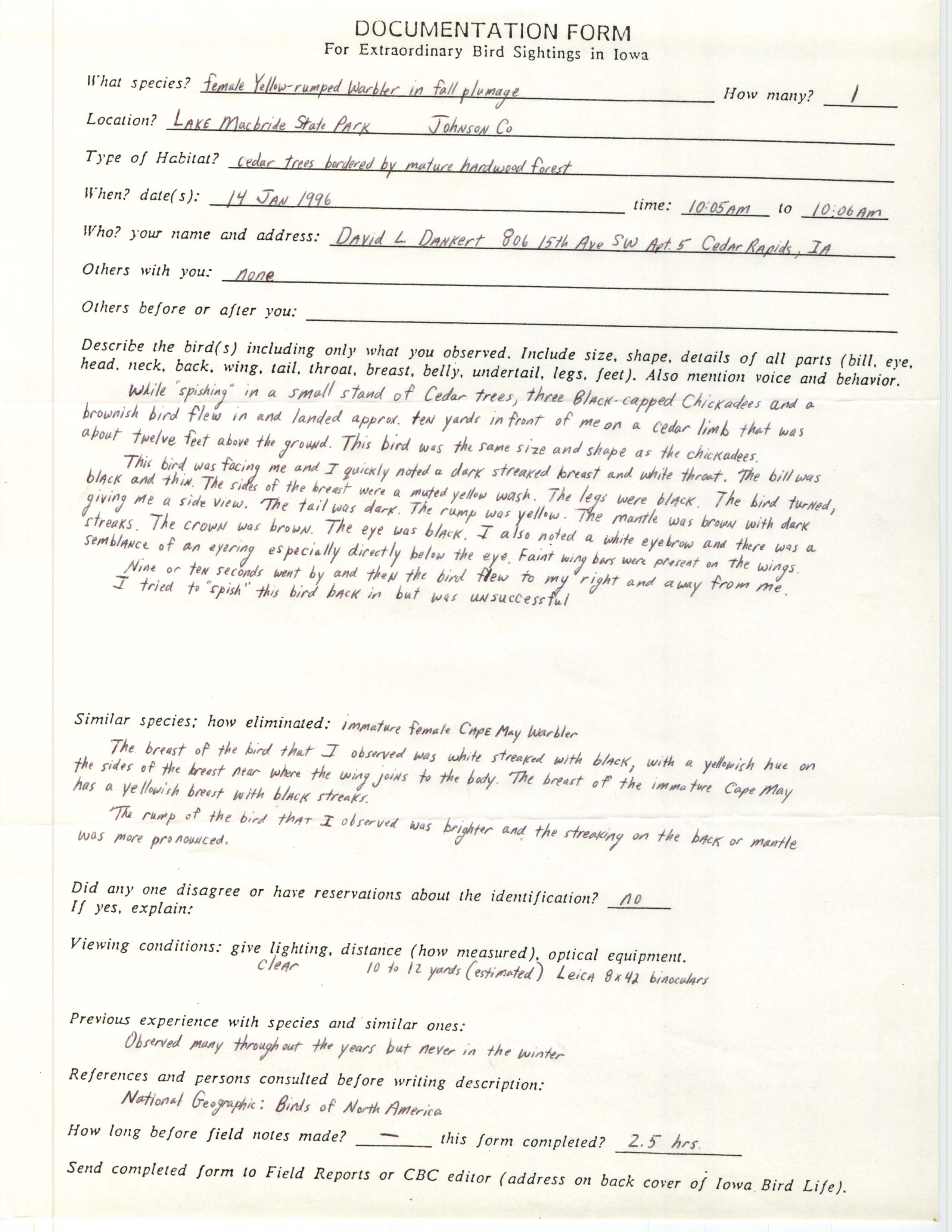 Rare bird documentation form for Yellow-rumped Warbler at Lake MacBride State Park, 1996