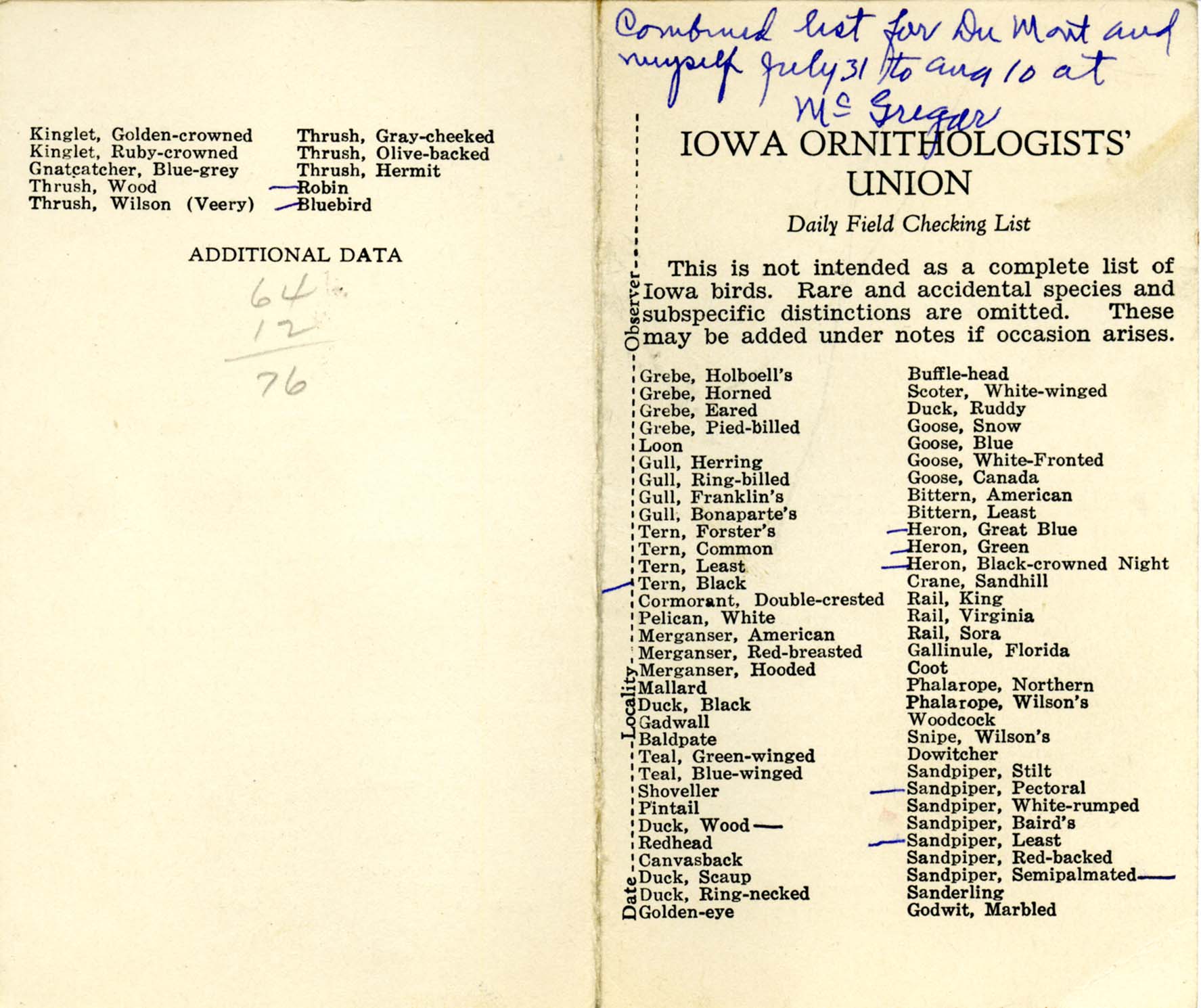 Daily field checking list, Walter Rosene, July 31-August 10, 1933
