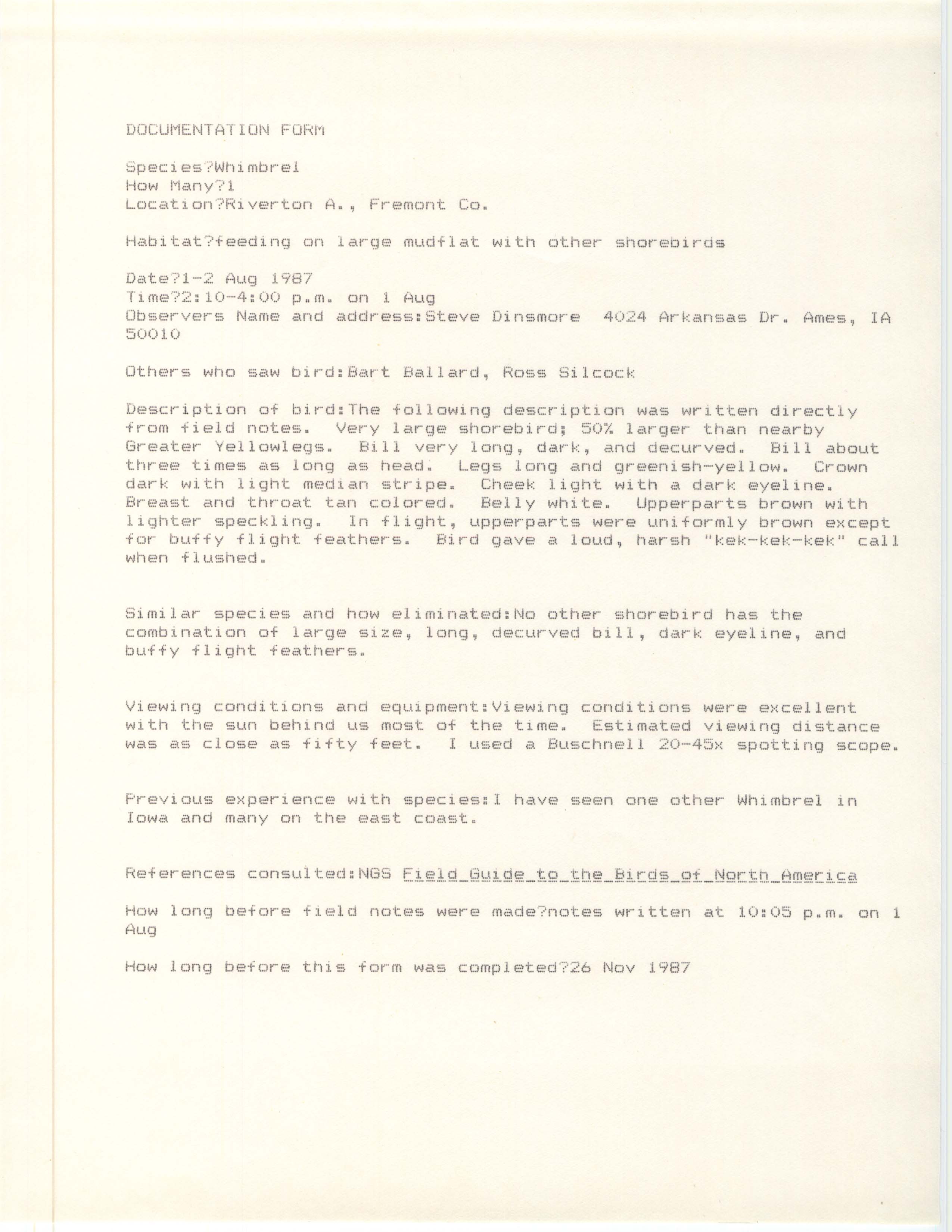 Rare bird documentation form for Whimbrel at Riverton Area, 1987